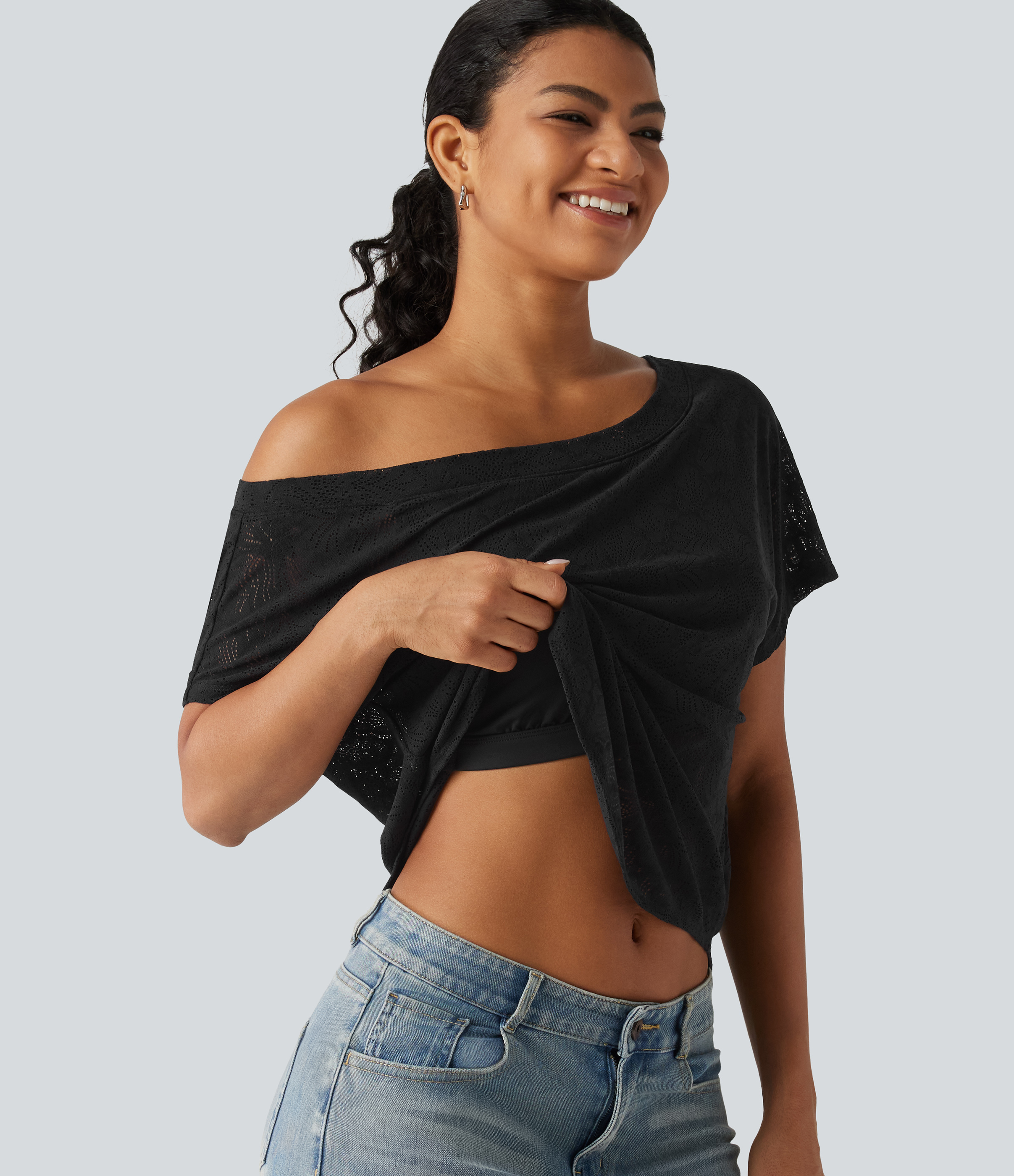 One Shoulder Short Sleeve Built-in Bra Curved Hem High Low Lace Casual Top