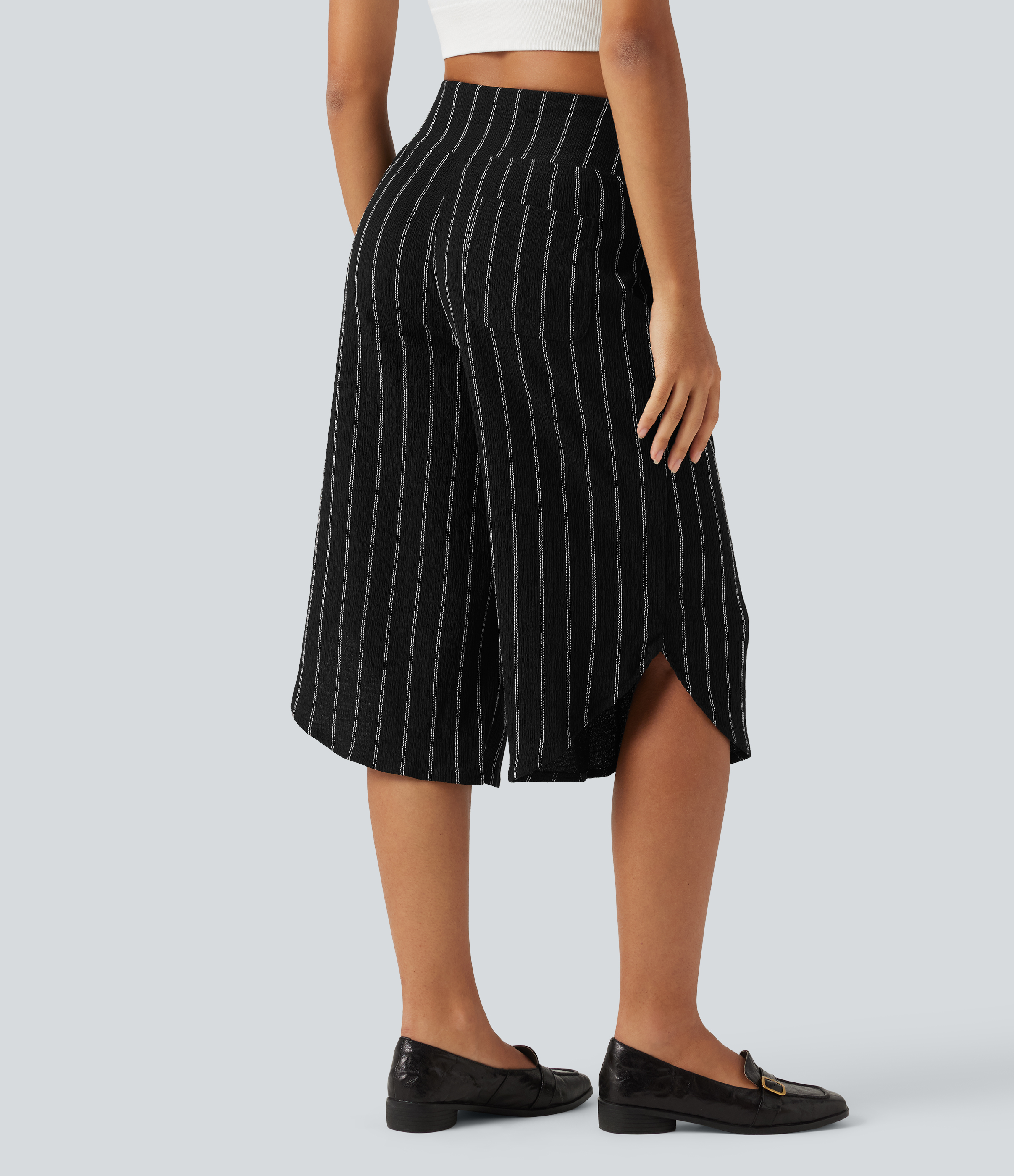 High Waisted Curved Hem Stripe Capri Casual Pants with Pockets