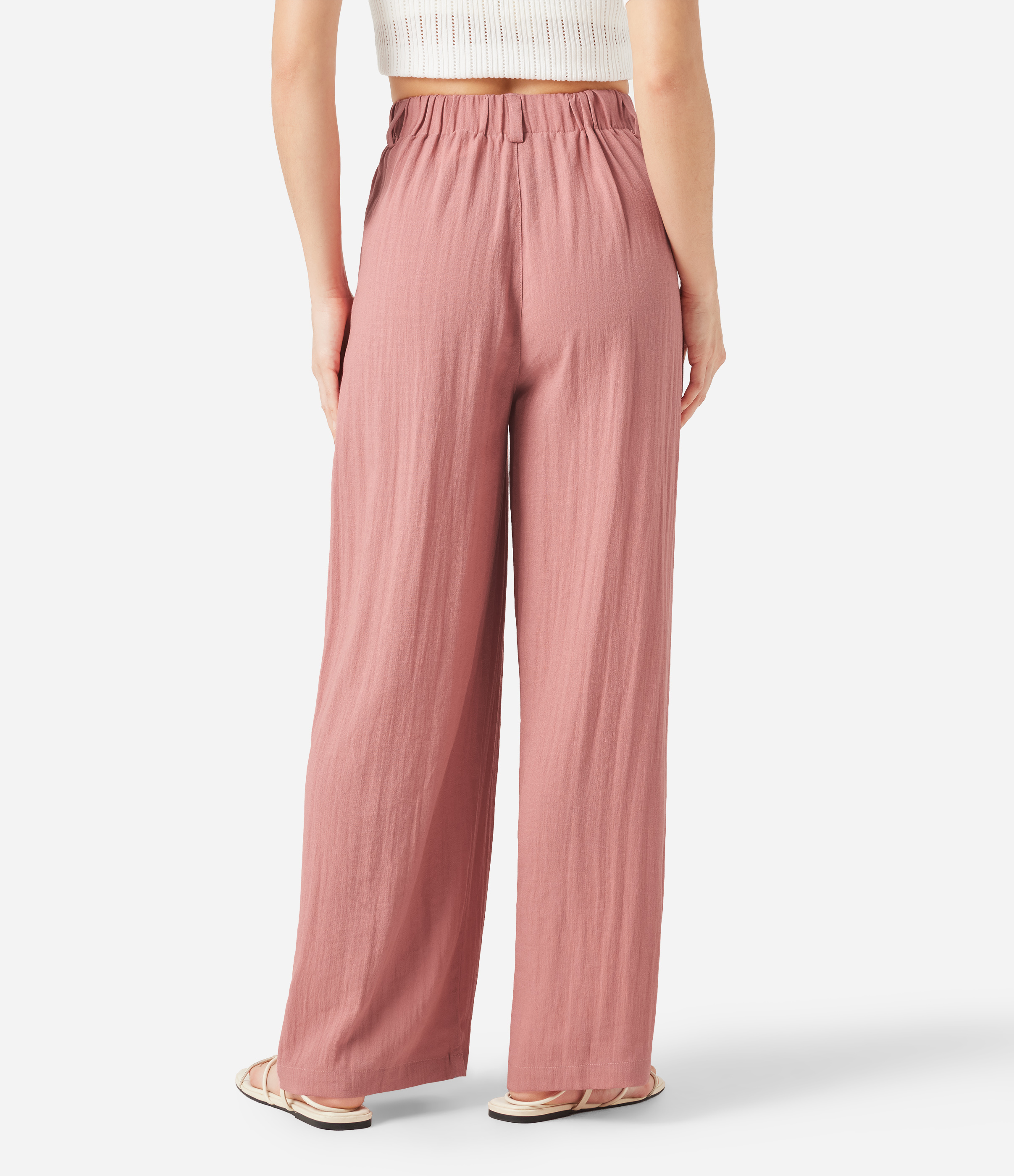 Rosette High Waisted Pocket Wide Leg Flowy Solid Palazzo Casual Linen-Feel Pants / 2