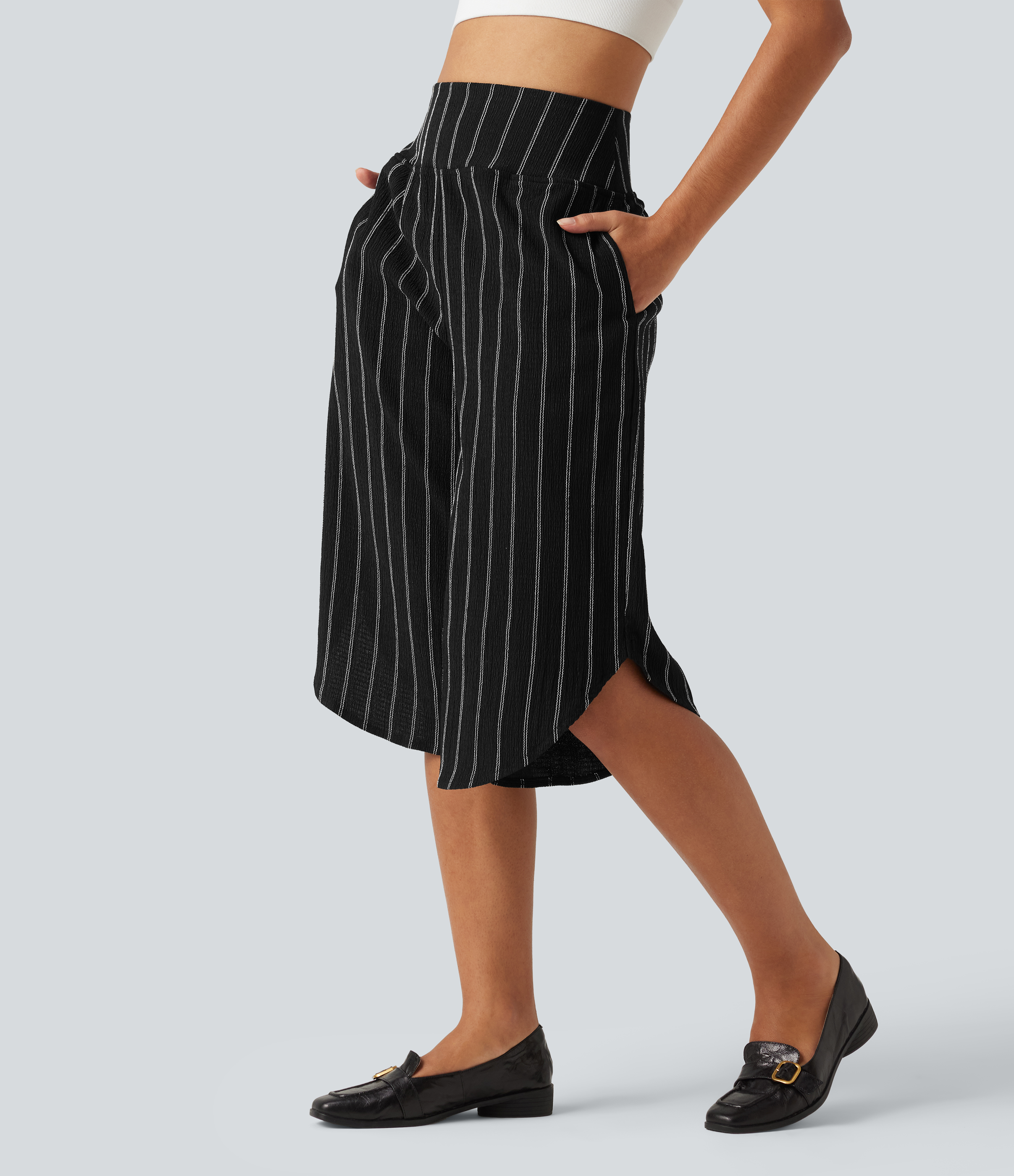 High Waisted Curved Hem Stripe Capri Casual Pants with Pockets