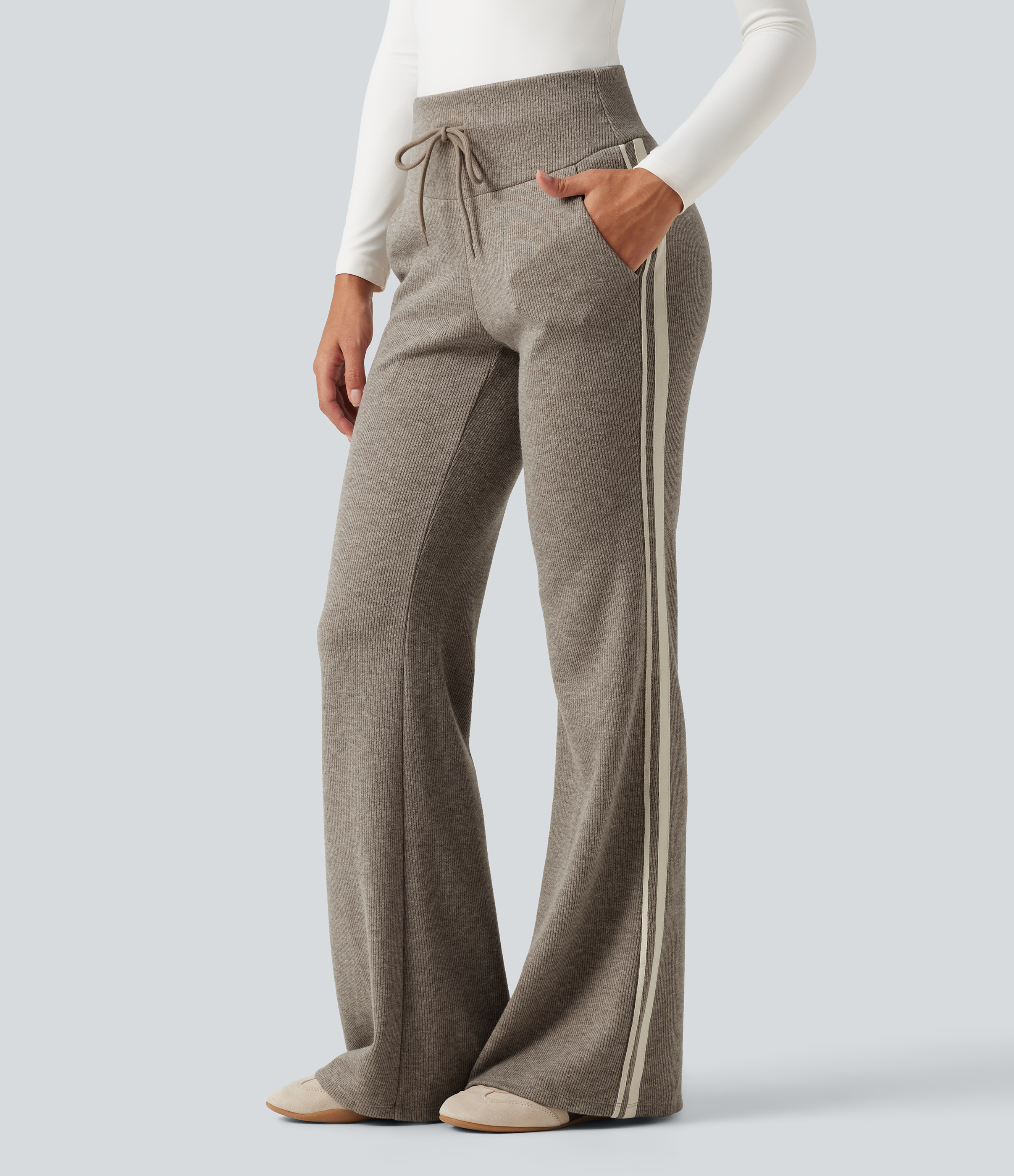 Ribbed High Waisted Tummy Control Drawstring Side Stripe Flare Casual Pants with Pockets