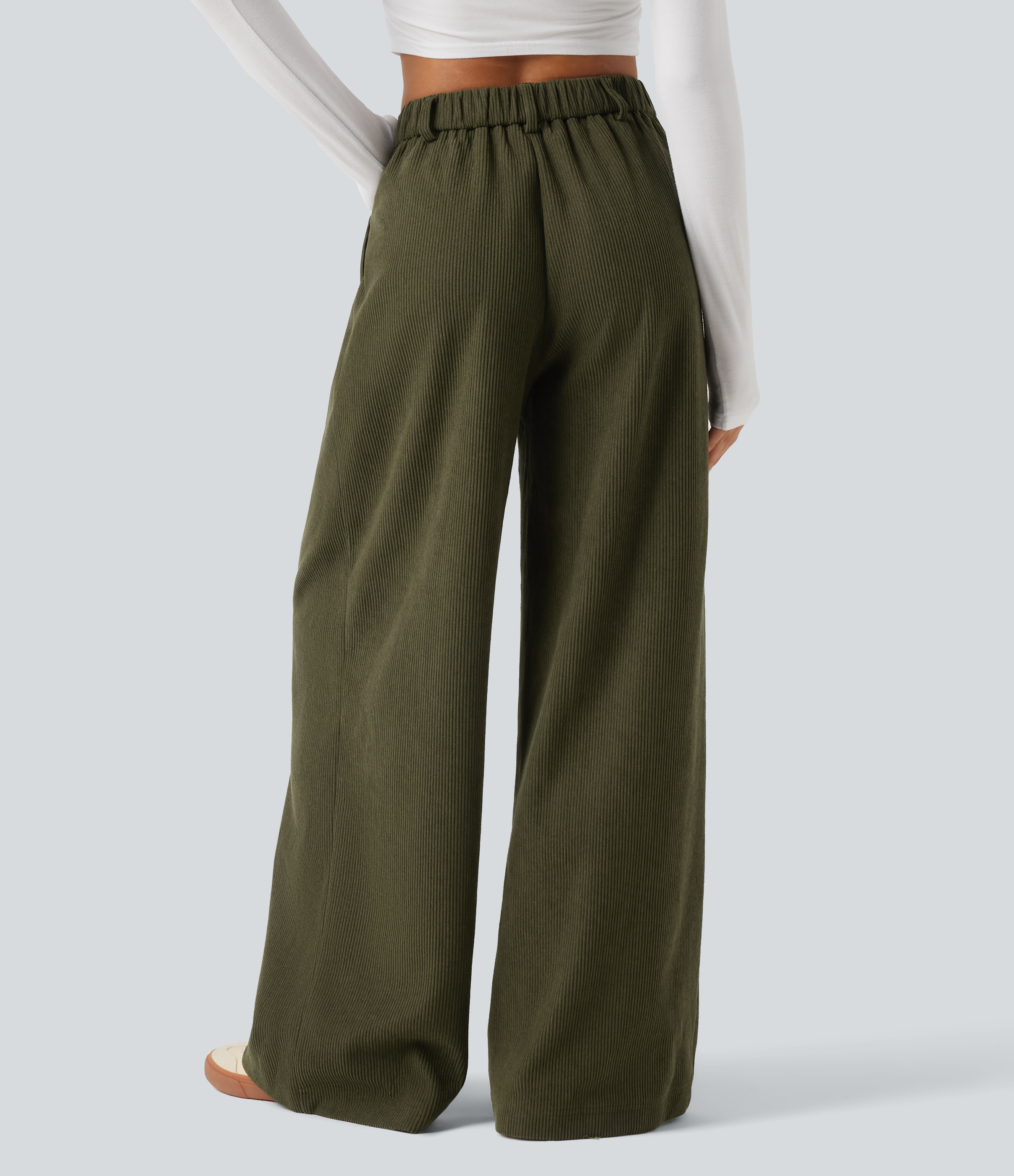 Twilight Green High Waisted Baggy Corduroy Casual Pants with Pockets / 2