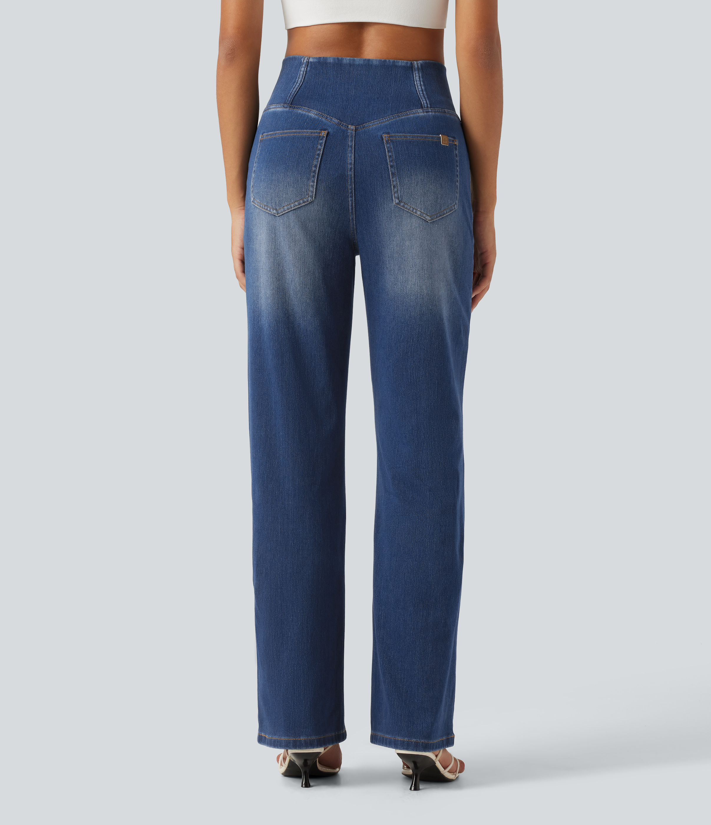 Estate Blue Denim Halara Flex™ aukštos liemens tiesaus kirpimo džinsai su kryžminiu pilvo formavimo dizainu, kasdieniams, su kišenėmis / 2