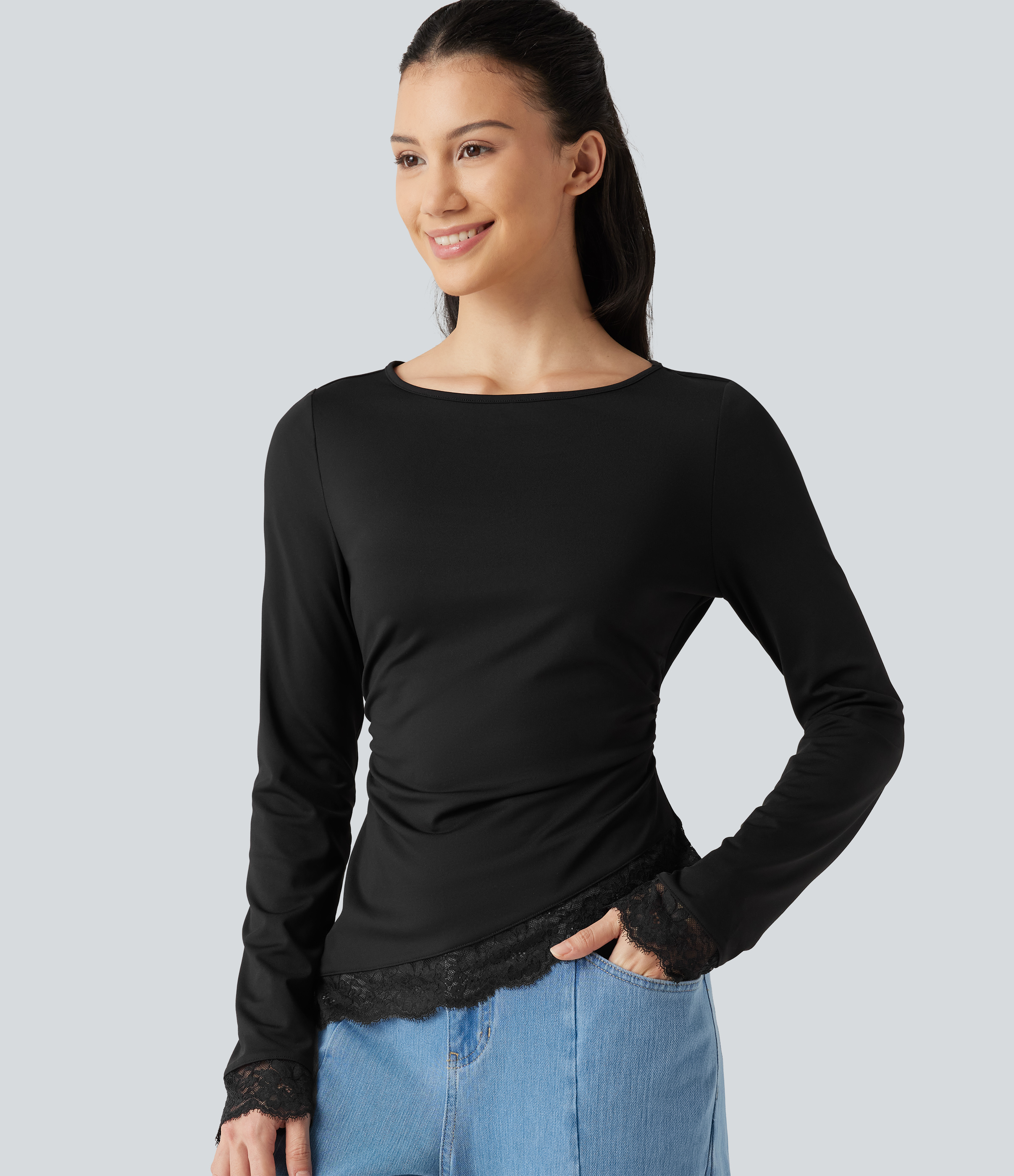 Boat Neck Long Sleeve Contrast Lace Asymmetric Hem Casual Top