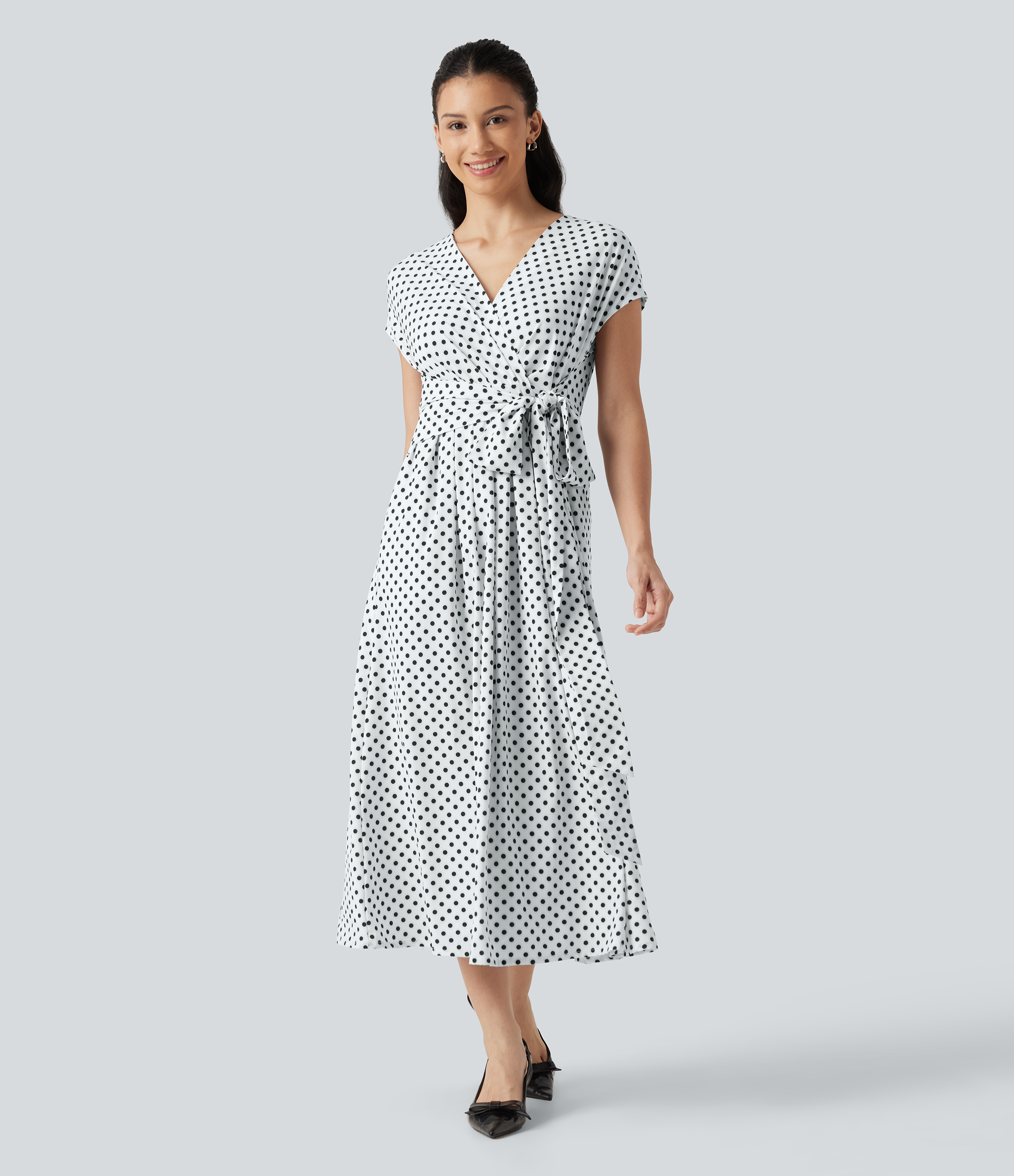 V Neck Short Sleeve Tie Side Polka Dot Midi Casual Dress with Pockets