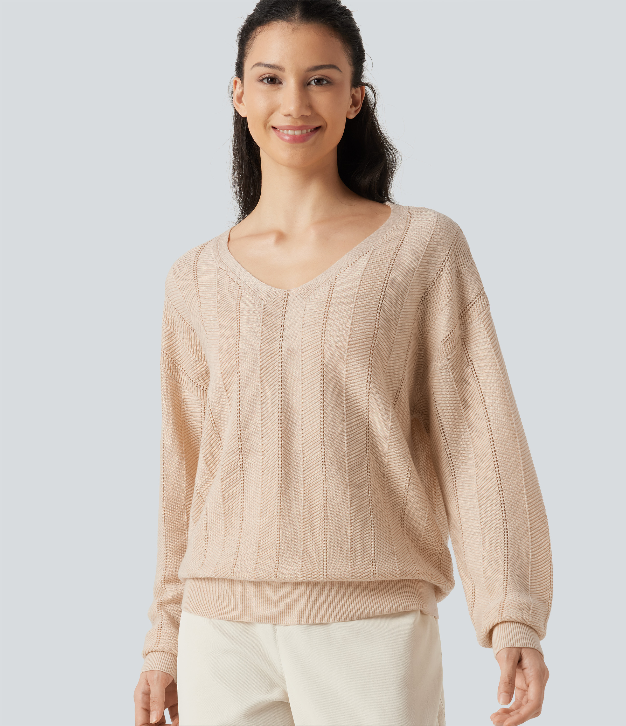 V Neck Long Sleeve Casual Wool-Blend Sweater