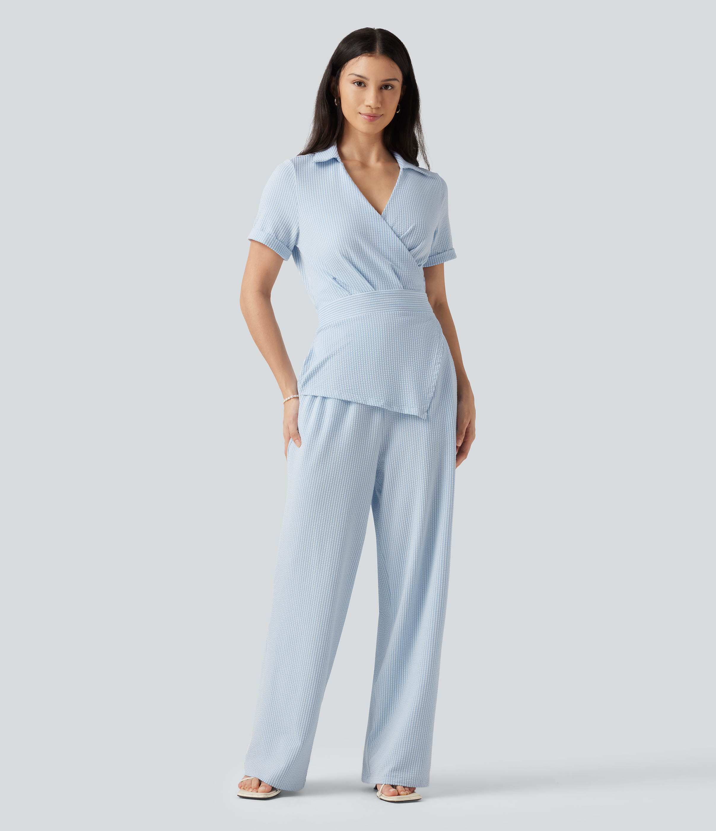 Short Sleeve Wrapped Tie Back Stripe Crinkle Cotton Casual Shirt Jumpsuit with Pockets-Easy Peezy Edition