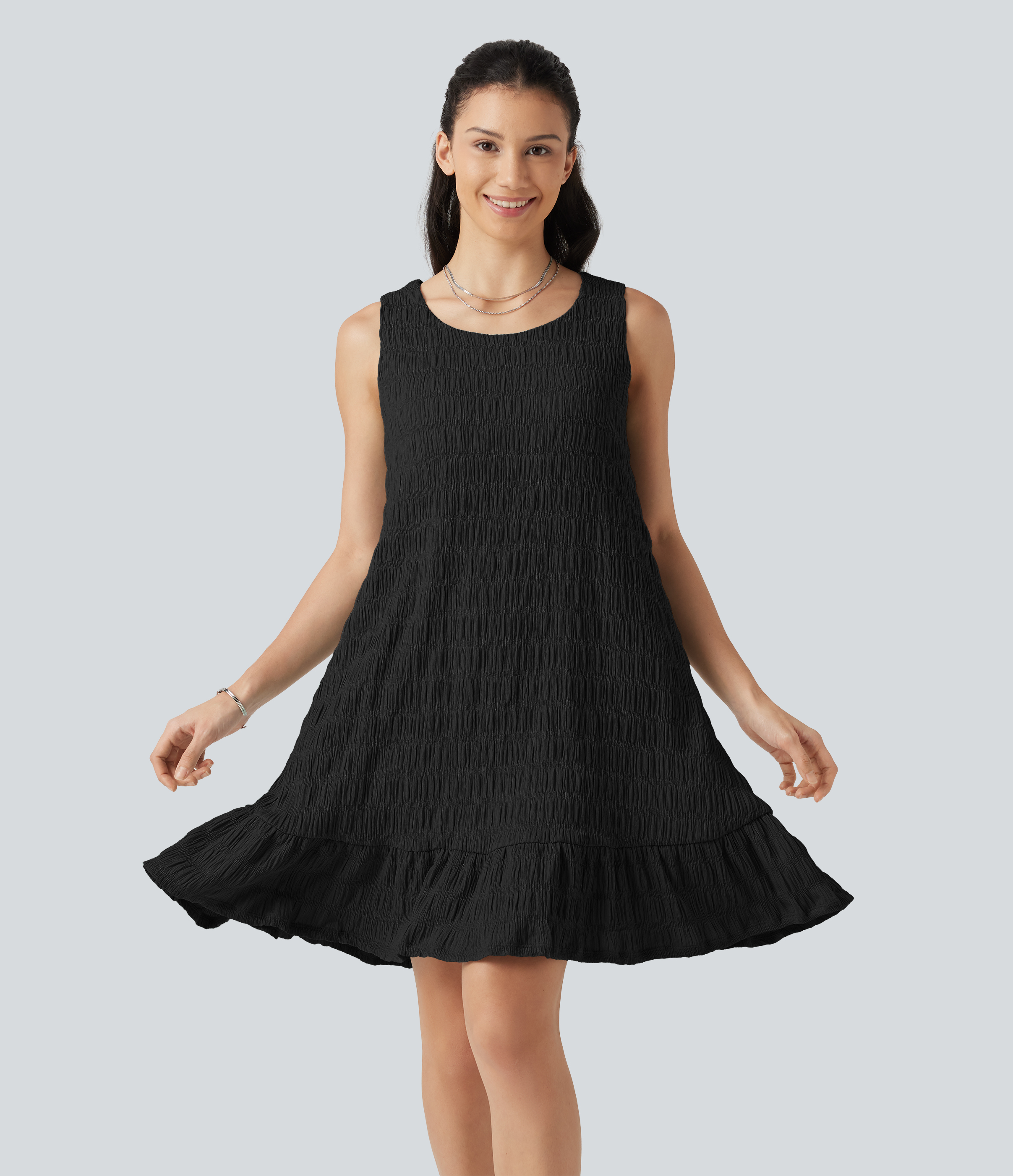 Round Neck Built-in Bra Sleeveless Ruffle Hem Mini Casual Dress DD-F Cups