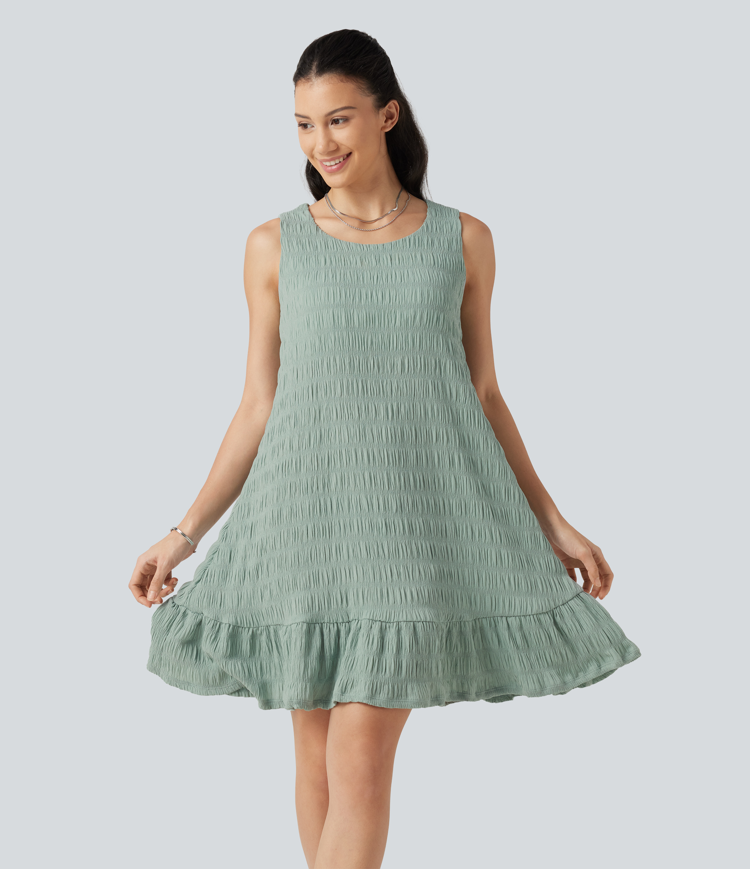 Round Neck Built-in Bra Sleeveless Ruffle Hem Mini Casual Dress DD-F Cups