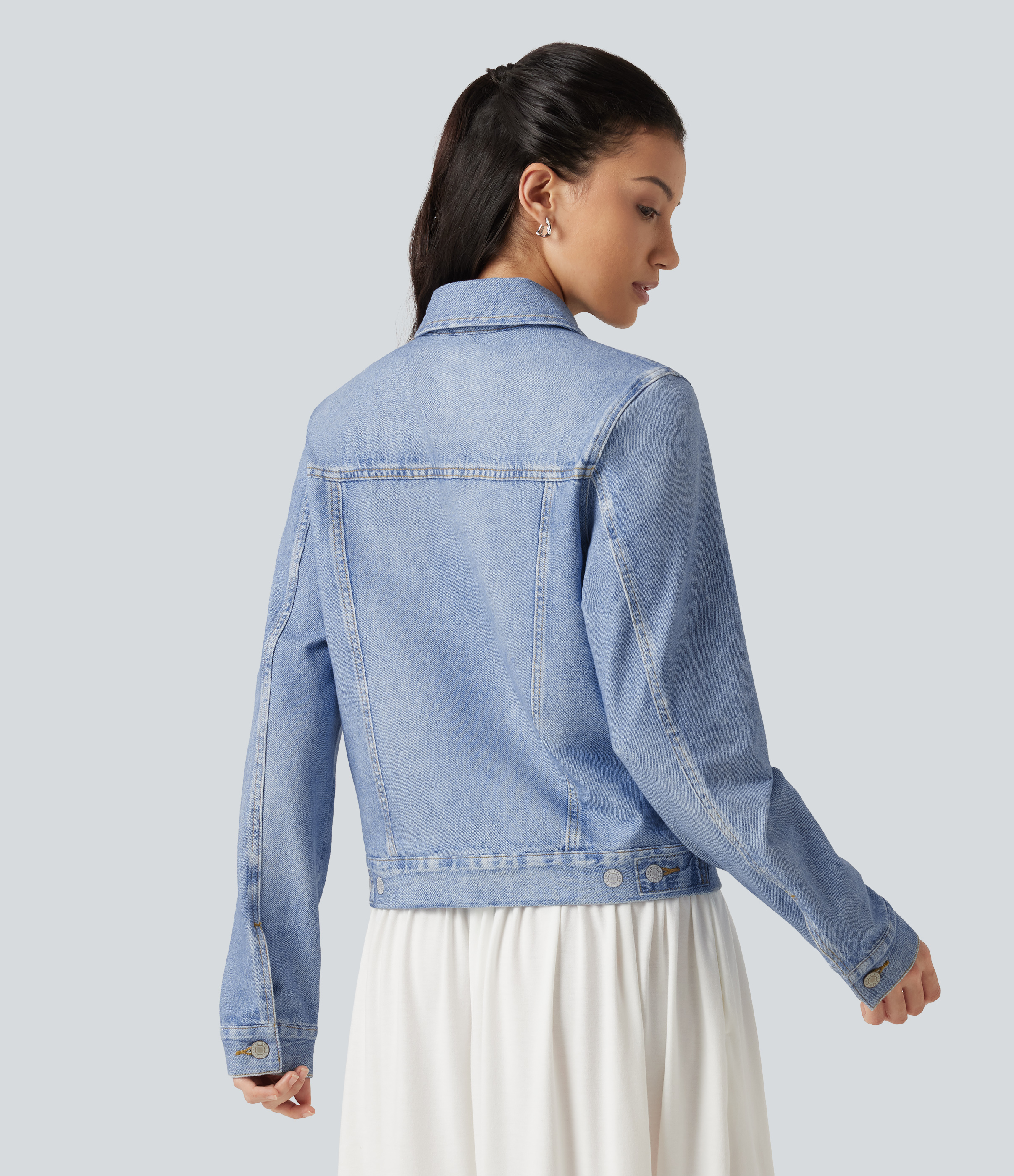 Light Ocean Denim Collared Long Sleeve Denim Print French Terry Casual Jacket with Pockets / 2