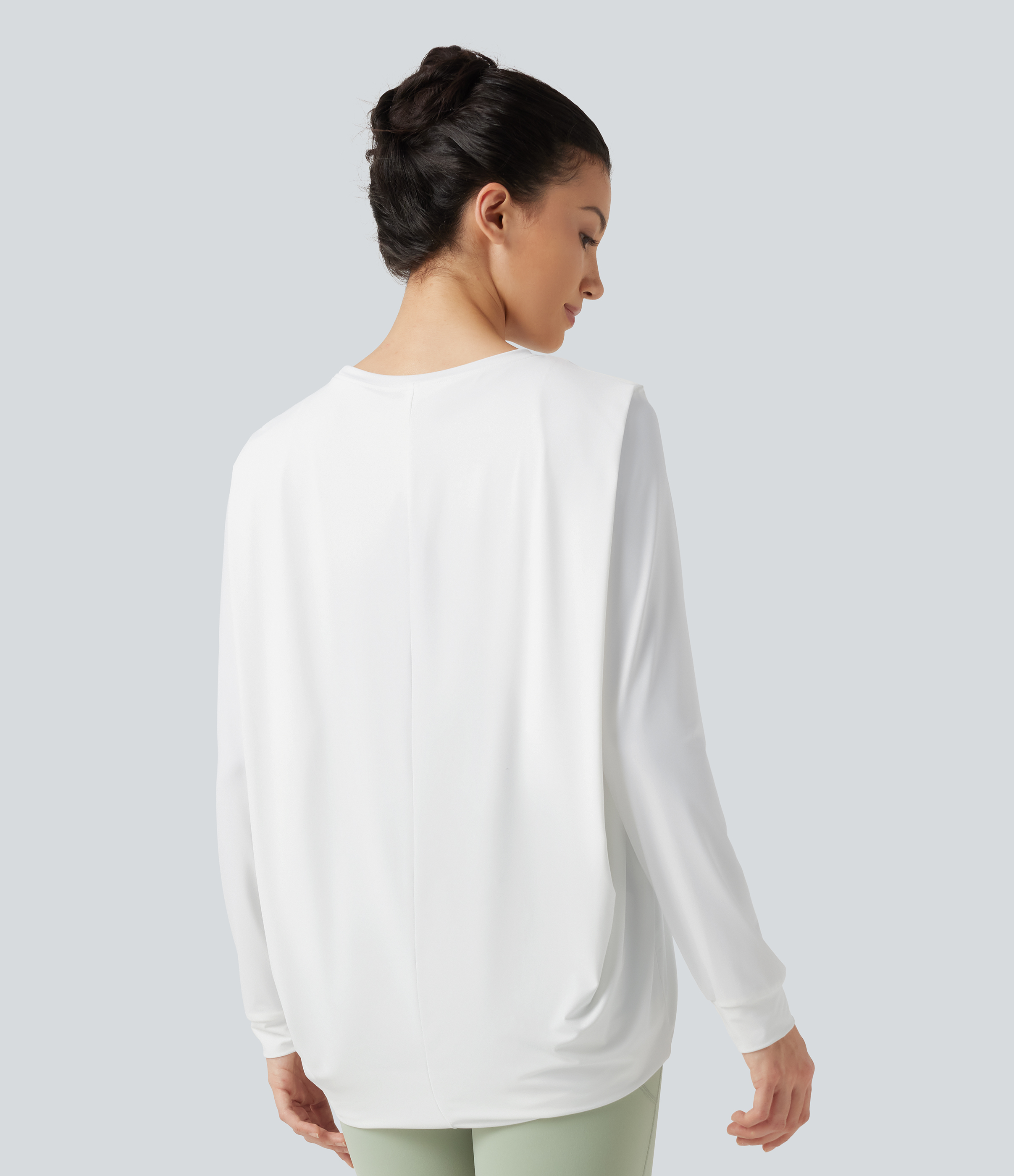 White Round Neck Long Sleeve Ruched InstantCool Yoga Sports Top-Longer Length-UPF50+ / 2