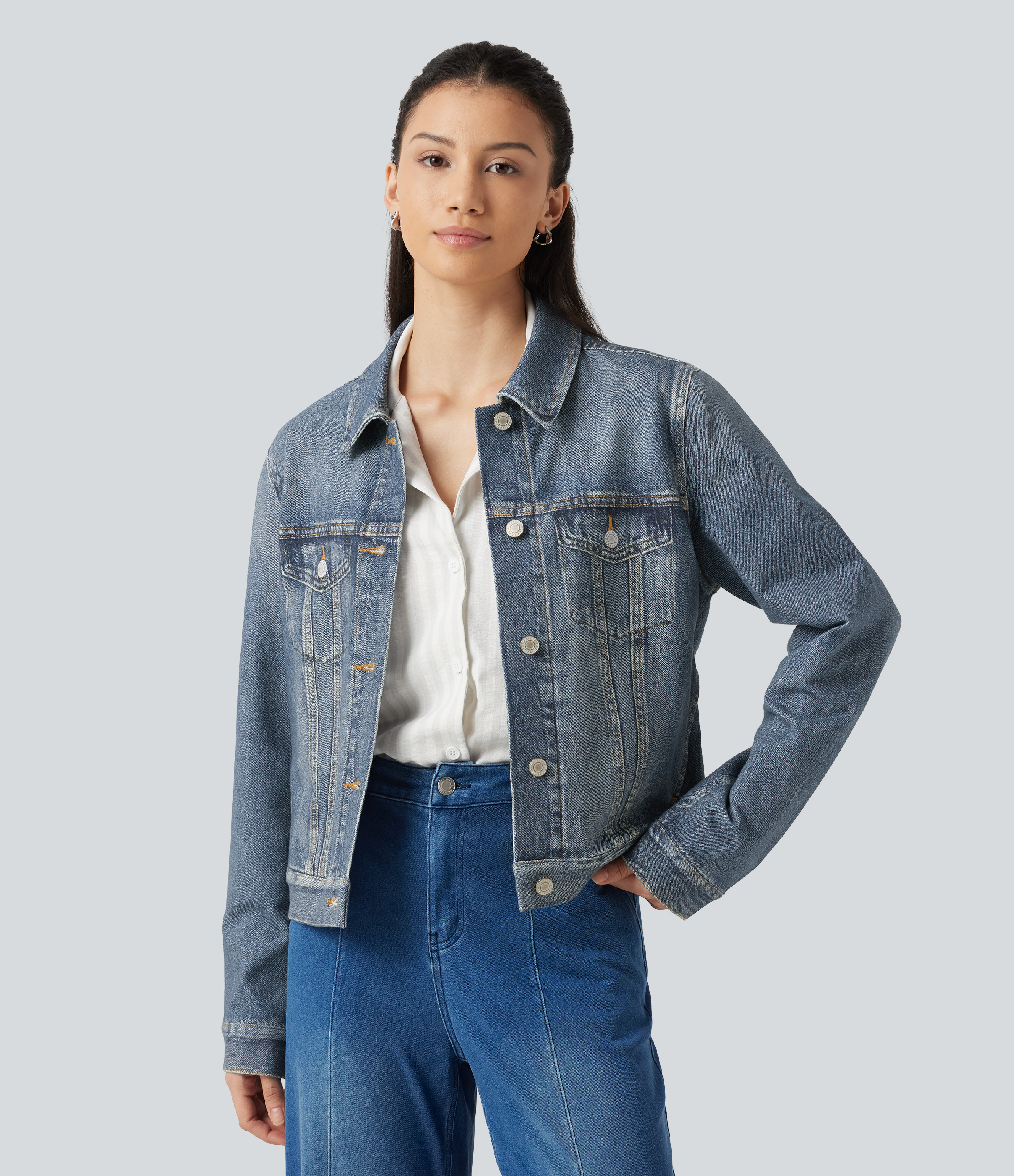 Collared Long Sleeve Denim Print French Terry Casual Jacket with Pockets