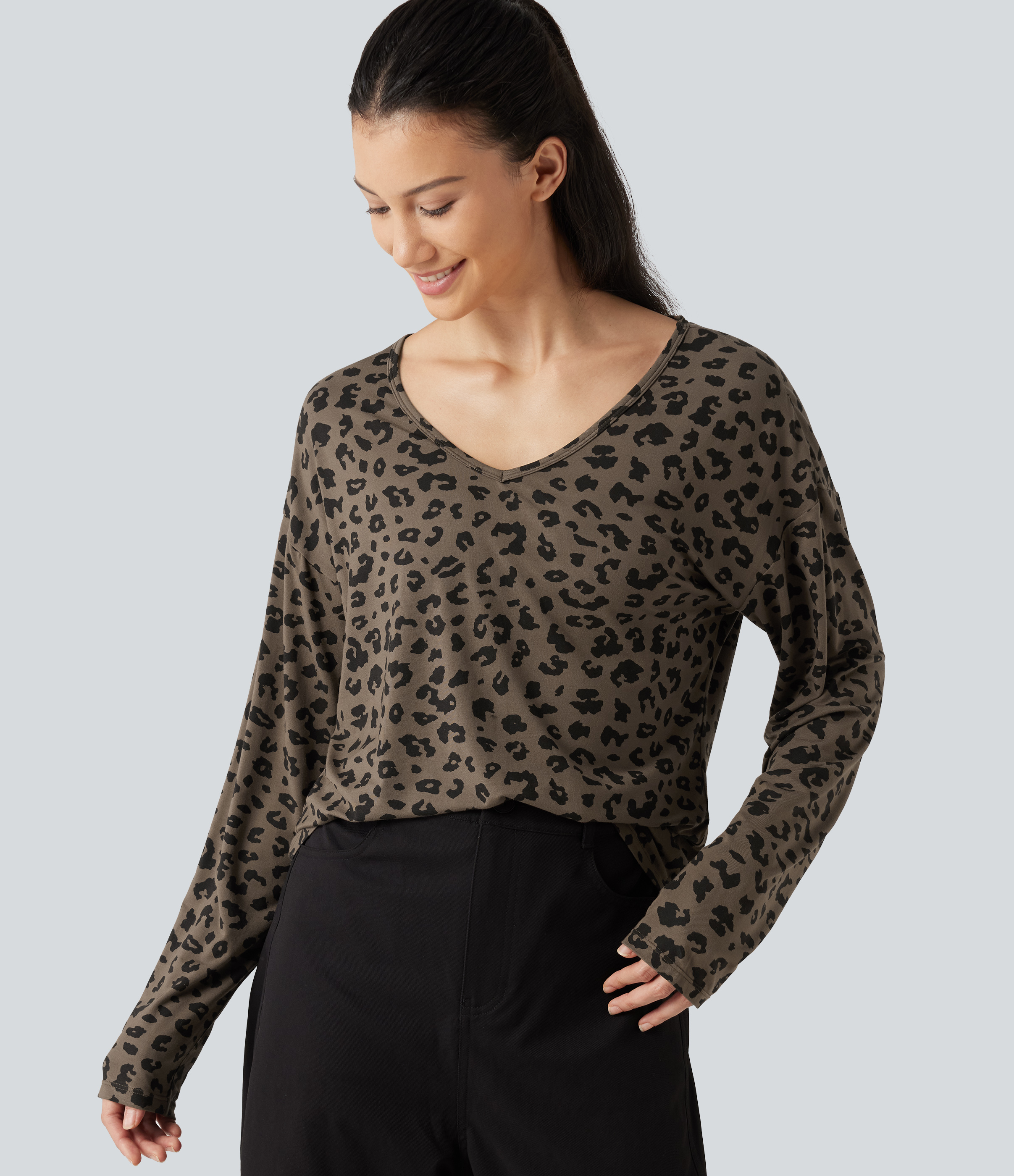 V Nneck Leopard Print Long Sleeve Casual T-Shirt