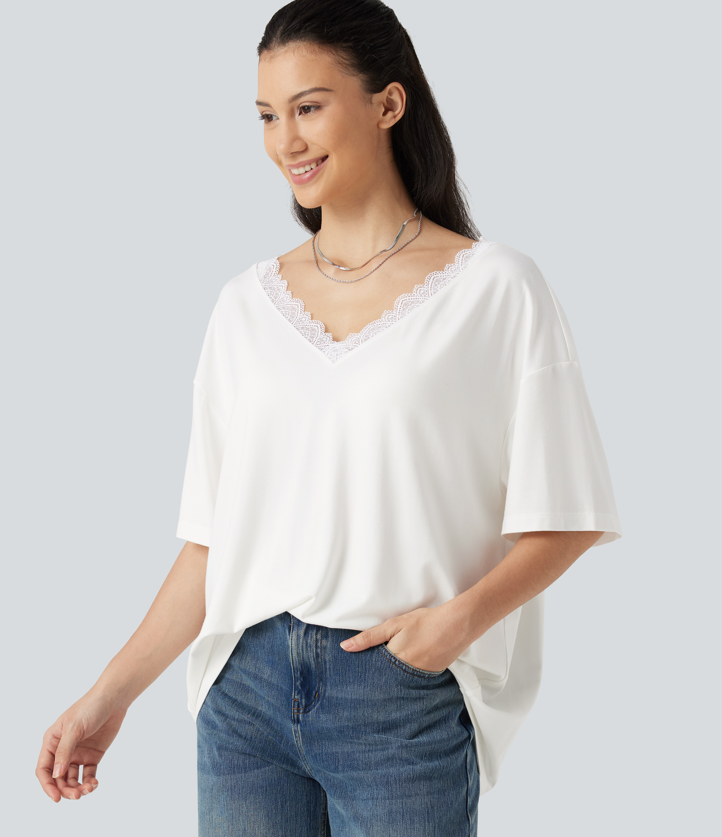 V Neck Contrast Mesh Short Sleeve Casual T-Shirt