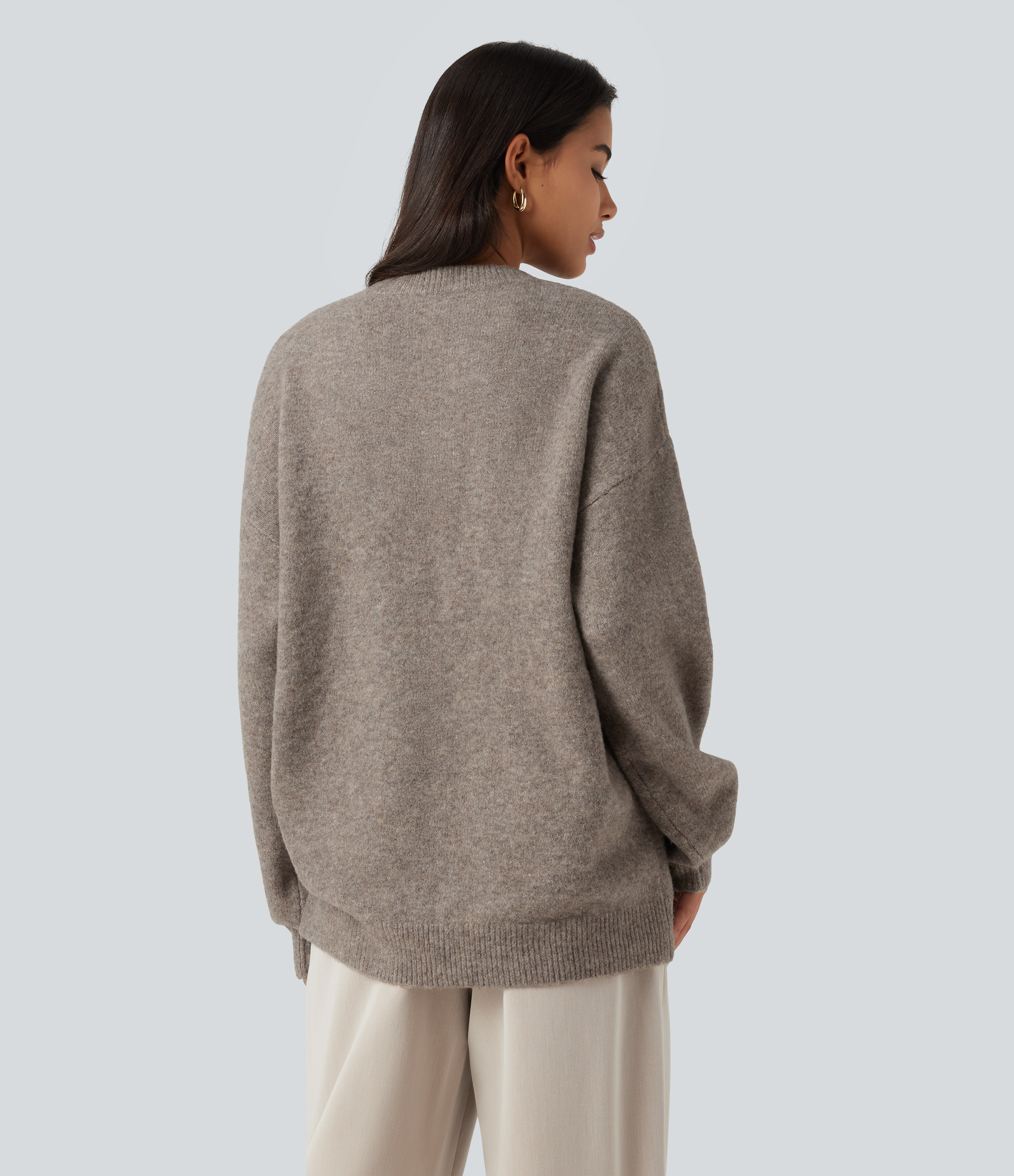 Simply Taupe Round Neck Dropped Long Sleeve Work Wool-Blend Sweater / 2