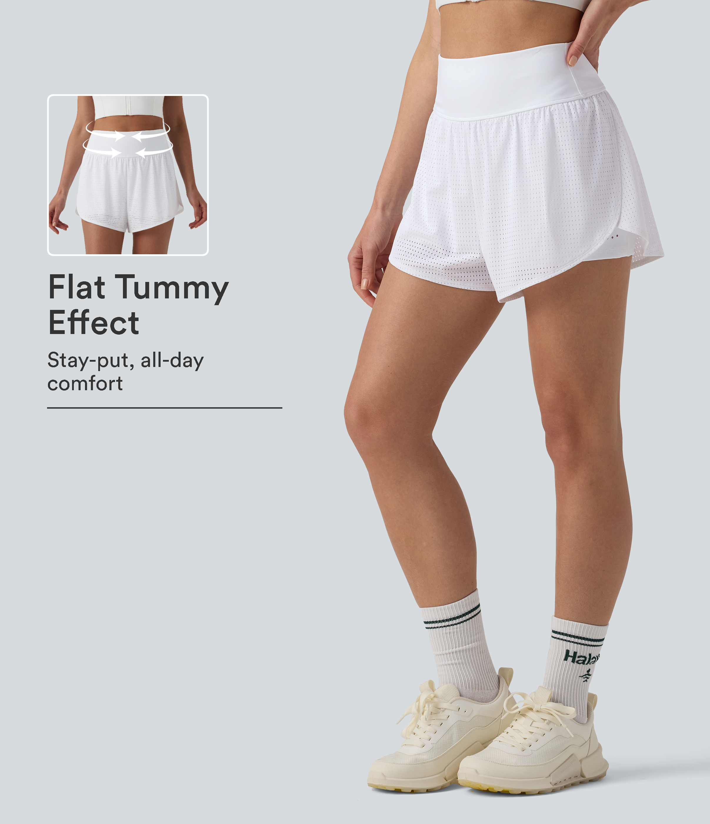 High Waisted Tummy Control Reflective Dots Crossover Curved Hem 2-in-1 Eyelet Yoga Shorts with Pockets
