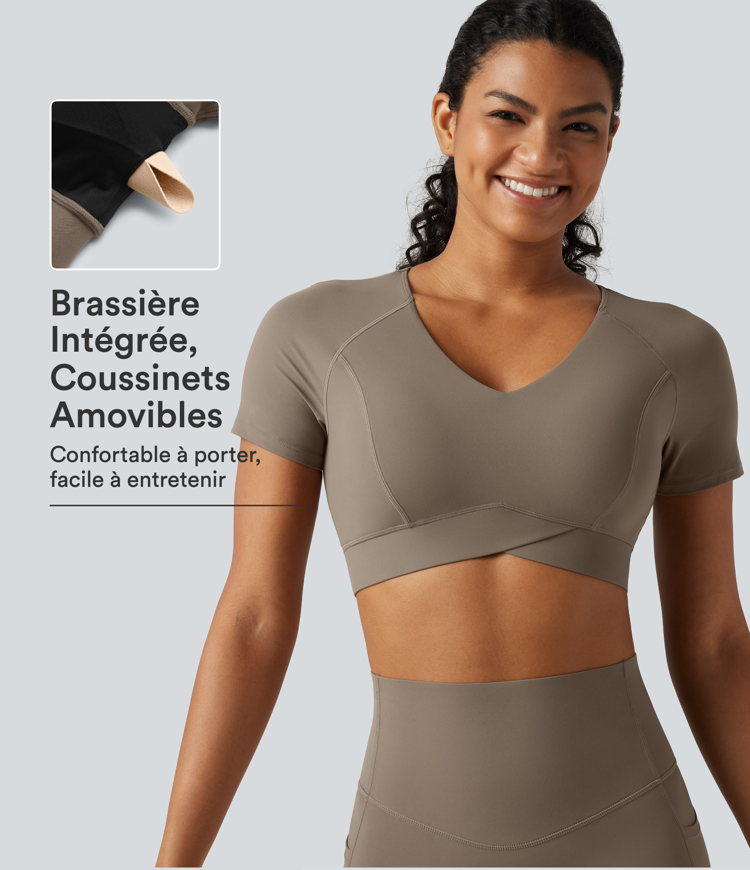 Haut de sport court Halara UltraSculpt™ à col V avec ourlet croisé, manches courtes, coussinets amovibles, bonnets E à G