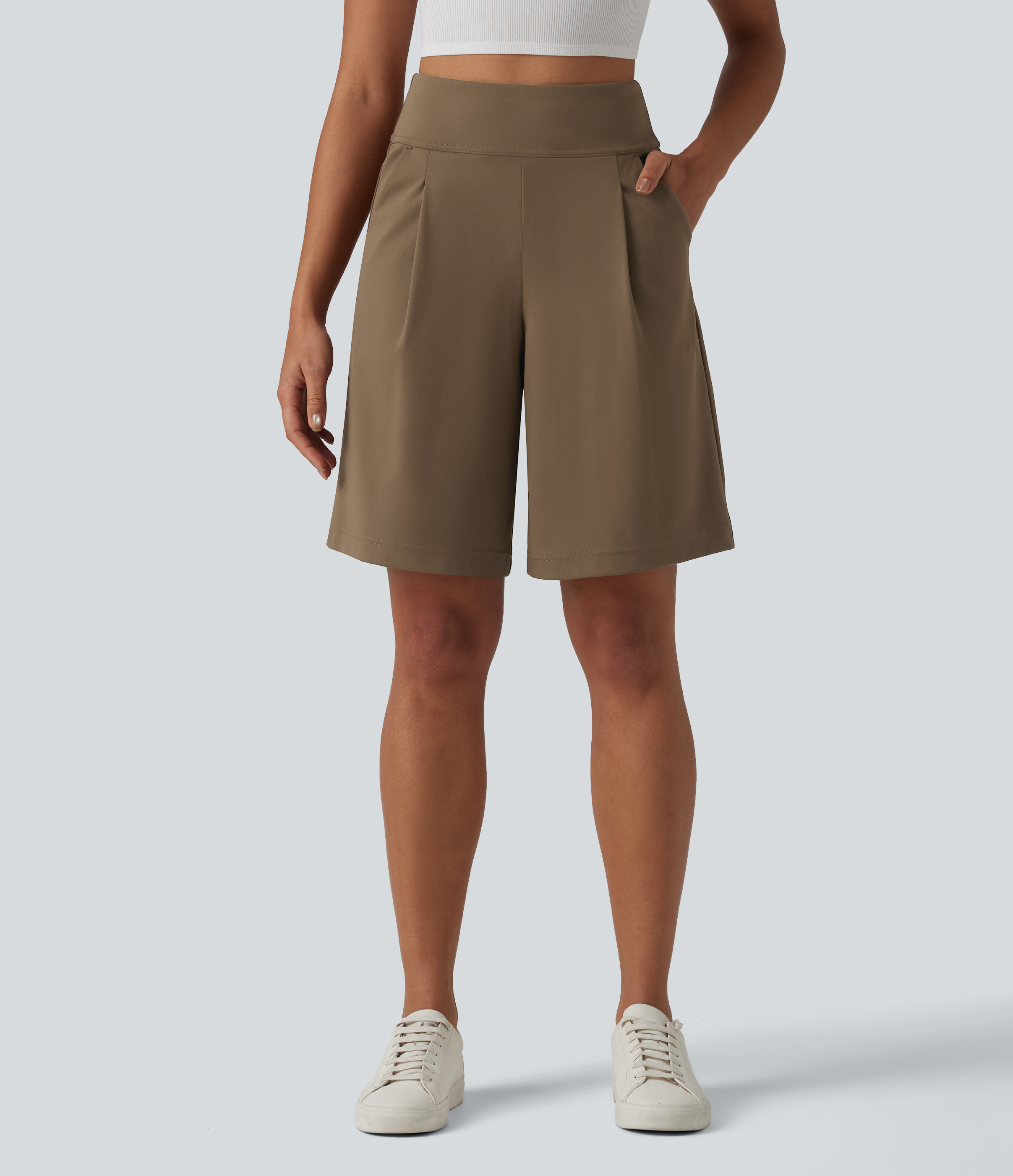 DayStretch High Waisted Pleated Work Bermuda Shorts 10'' with Pockets