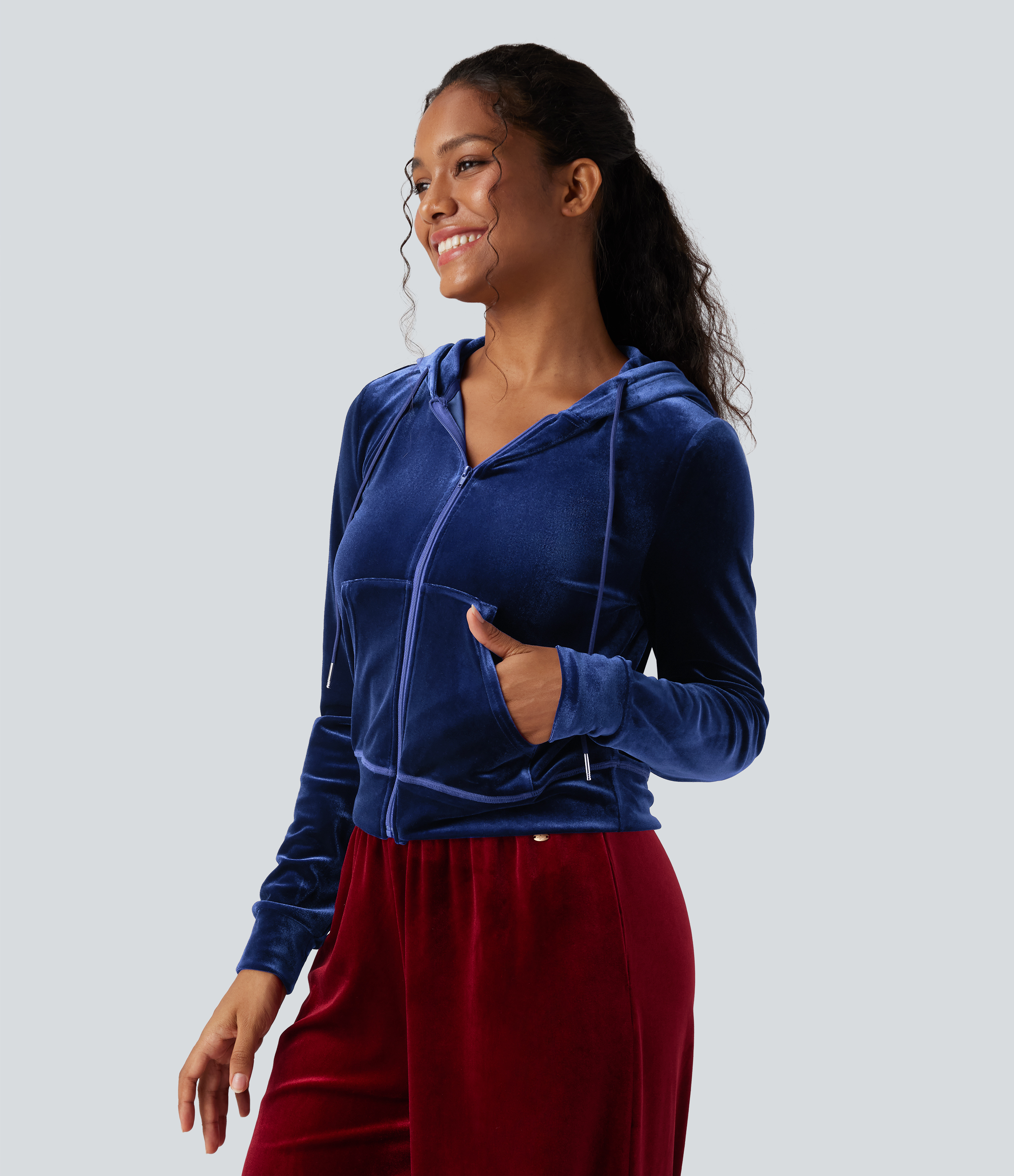 Hooded Drawstring Zipper Long Sleeve Velvet Casual Jacket with Pockets