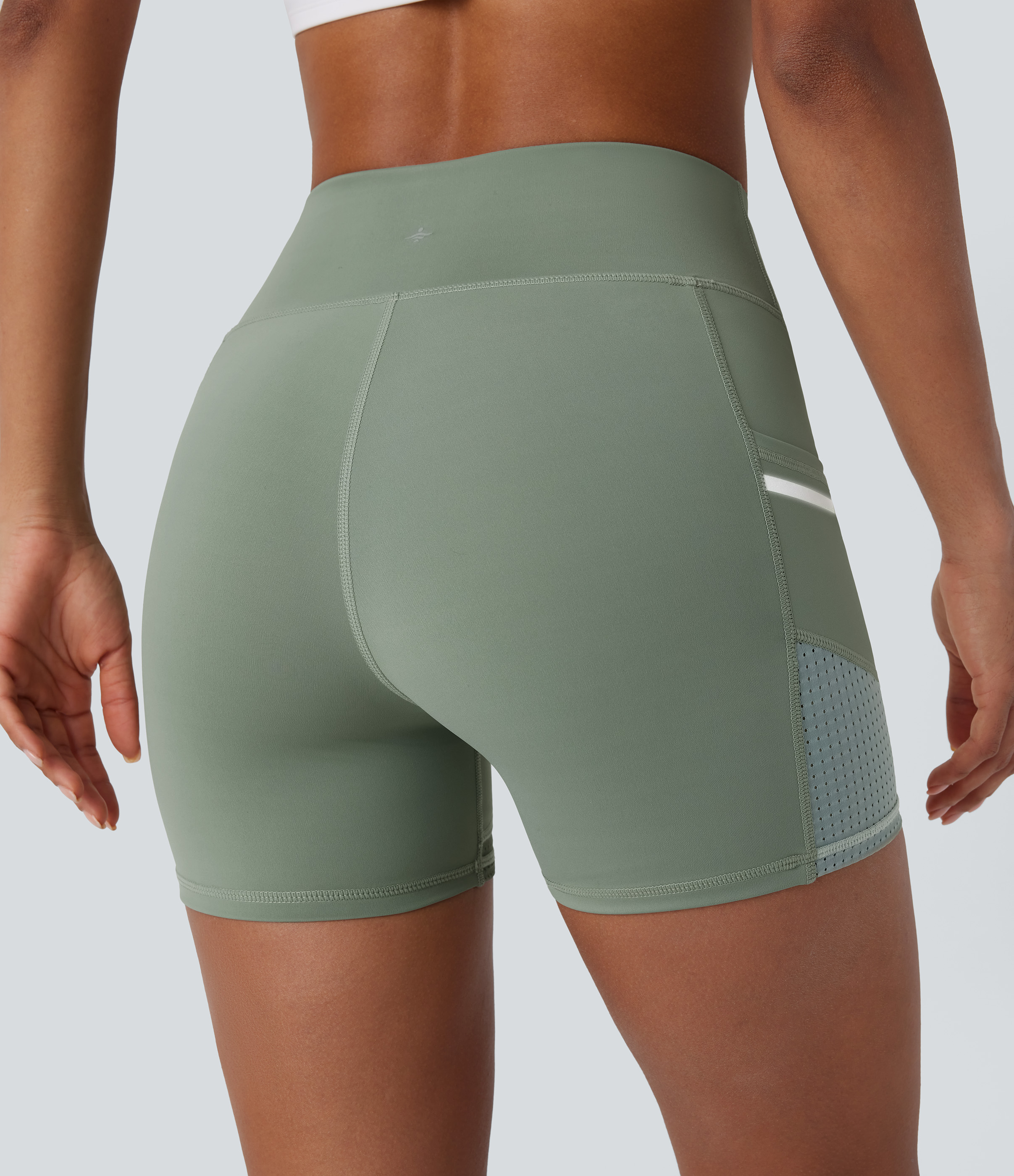 Basil Green SoftlyZero™ Airy High Waisted Reflective Line Contrast Perforated Pocket InstantCool Yoga Biker Shorts 4'' / 2