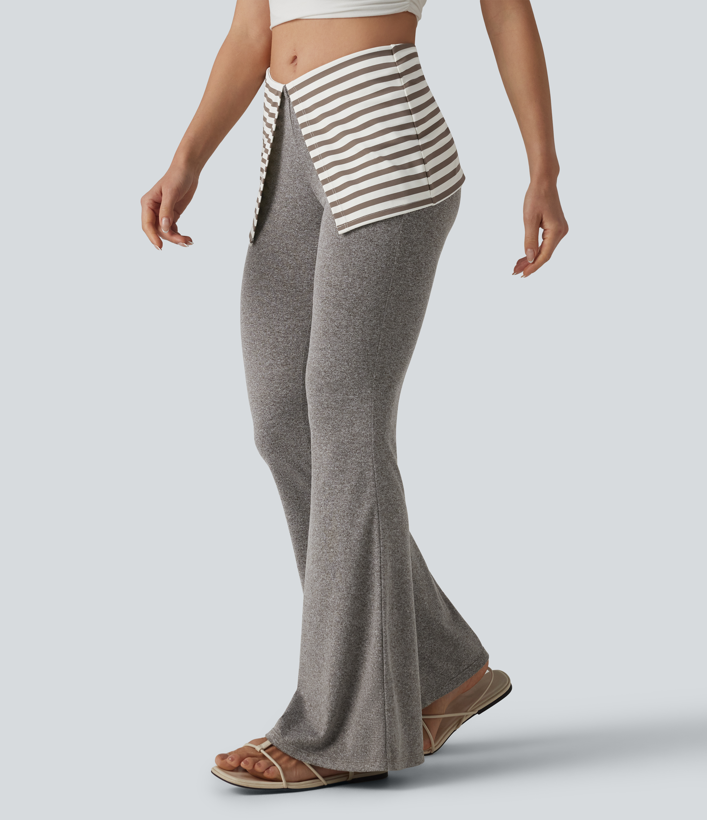 Light Coffee Floral Yarn Foldover Low Rise Stripes Heathered Casual Flare Trousers / 1