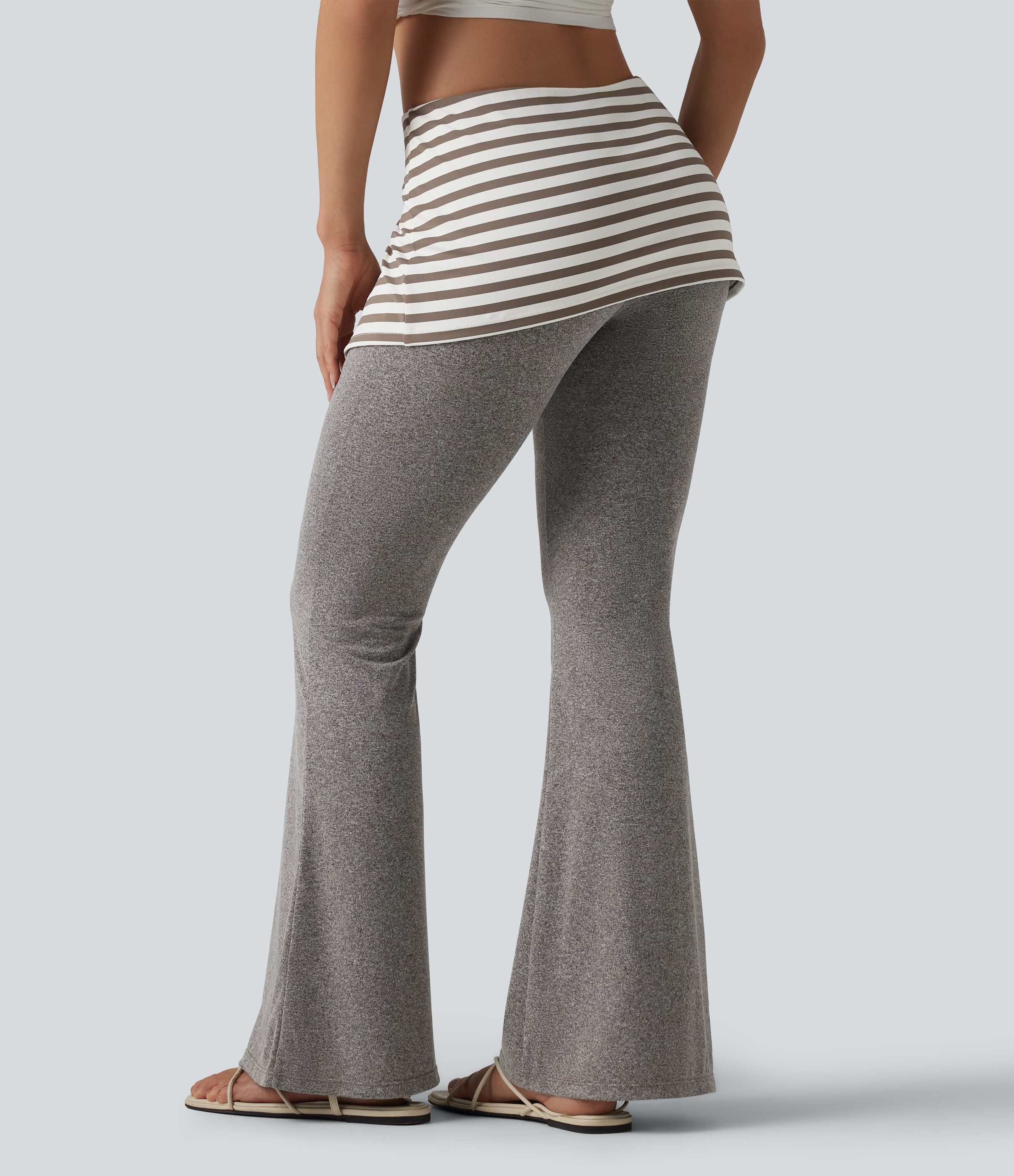 Light Coffee Floral Yarn Foldover Low Rise Stripes Heathered Casual Flare Trousers / 2
