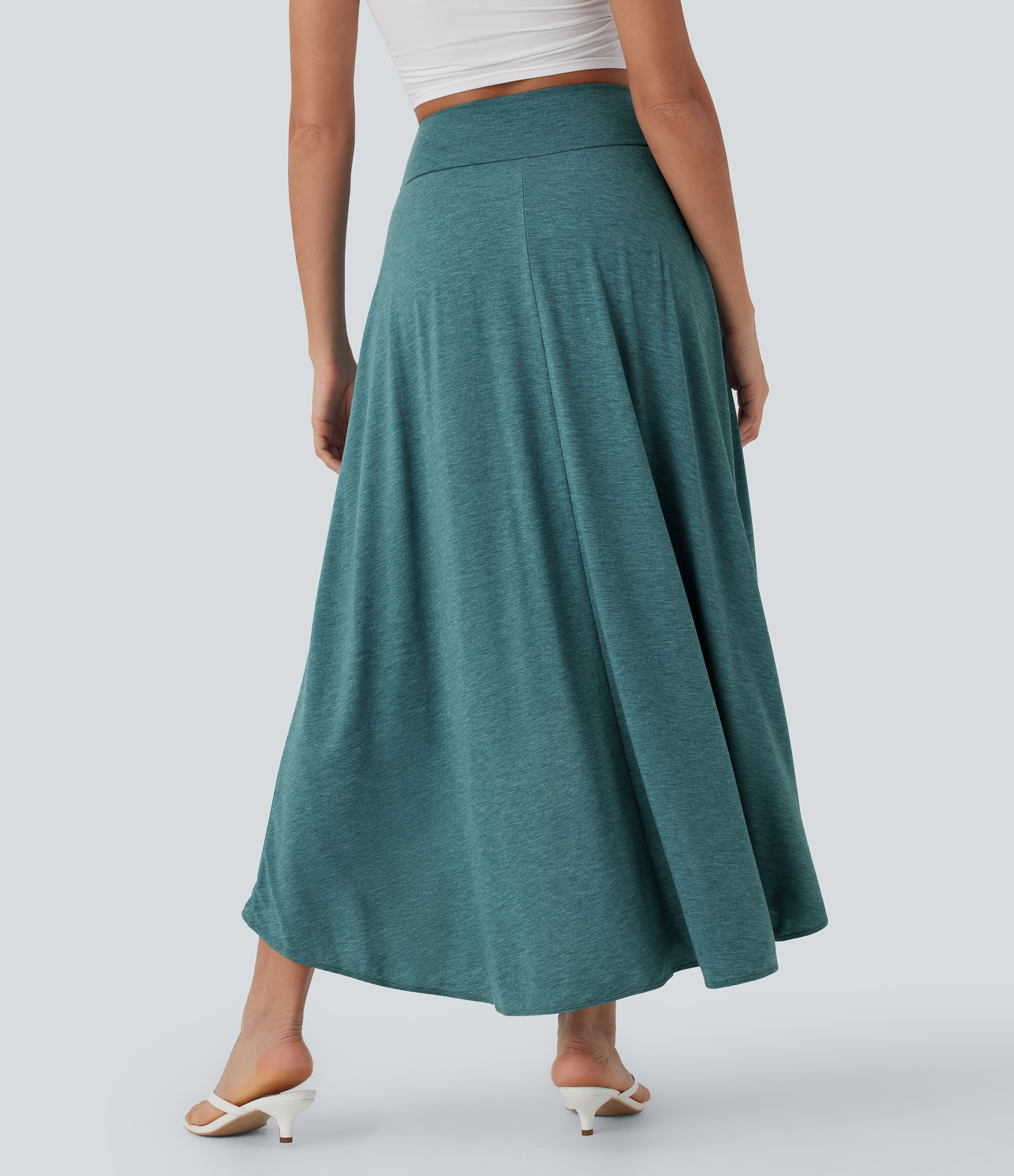 Stone Green Floral Yarn Ψηλόμεση μάξι φούστα 2-σε-1, με εφέ σύσφιξης στην κοιλιά και ασύμμετρη (ψηλότερη-χαμηλότερη) γραμμή, αέρινη για καθημερινή χρήση / 2
