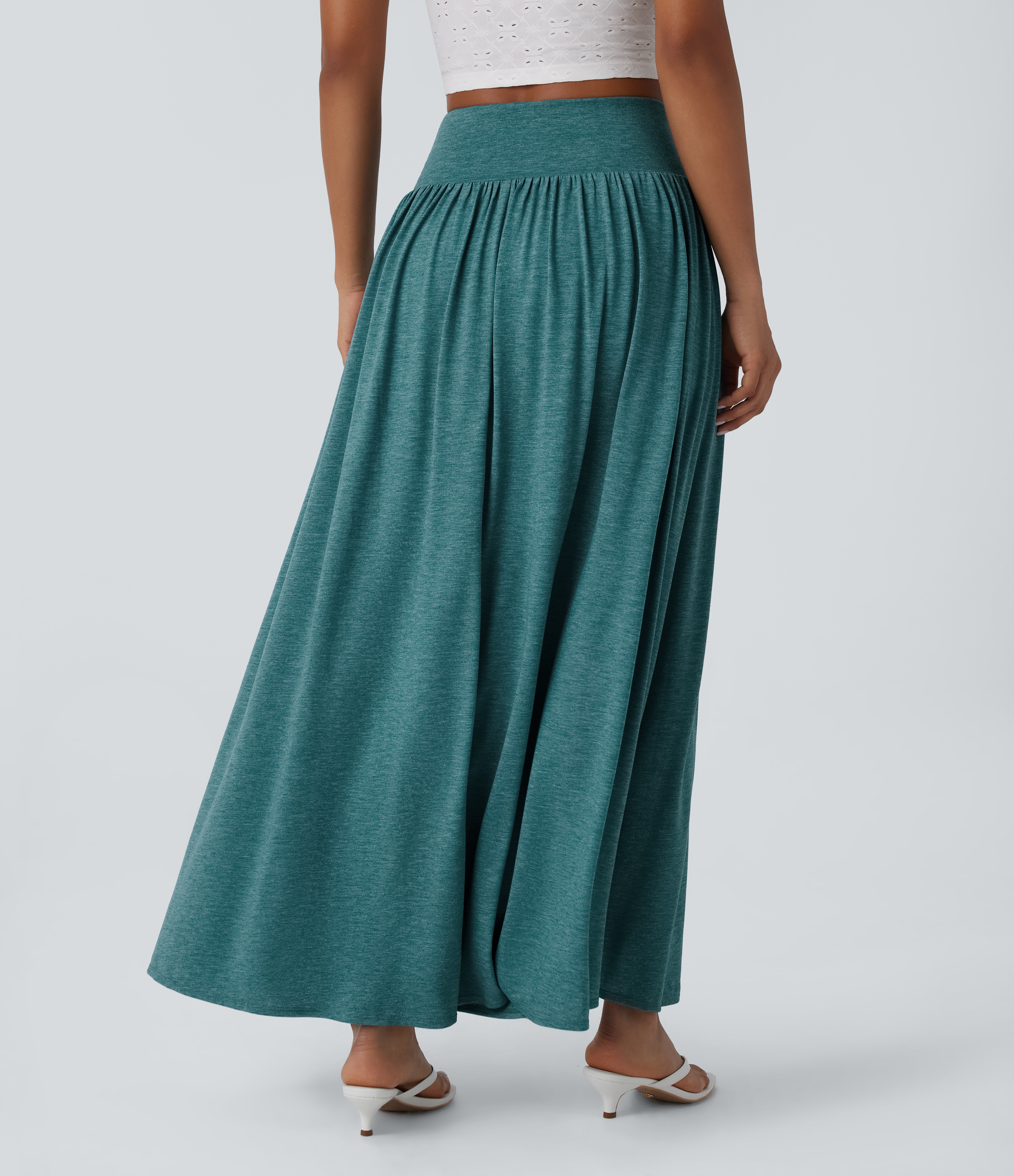 Stone Green Floral Yarn Jupe décontractée maxi fluide 2-en-1 taille haute avec fente / 2