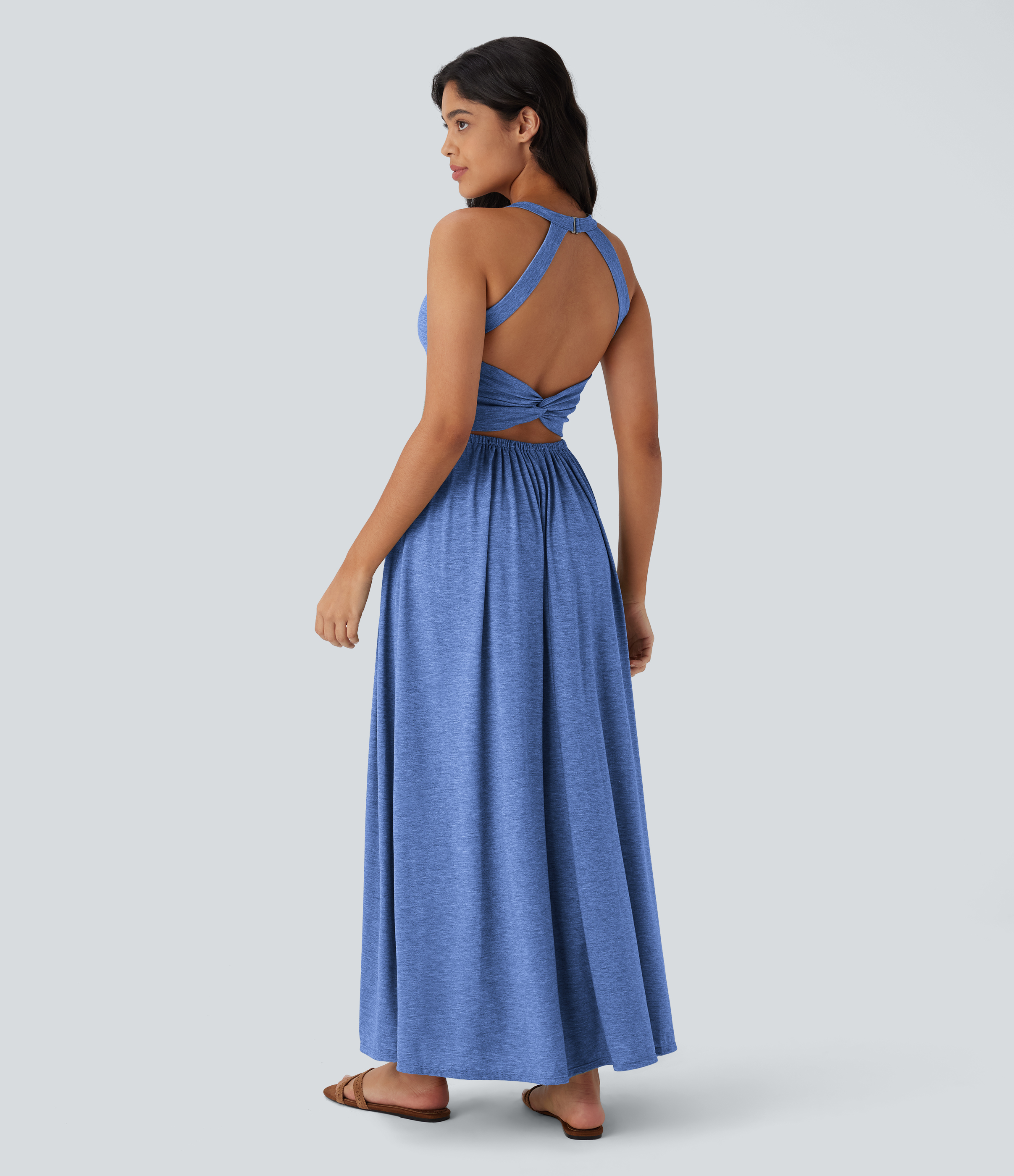 Robe longue fluide fendue avec poches latérales, dos nu et effet torsadé