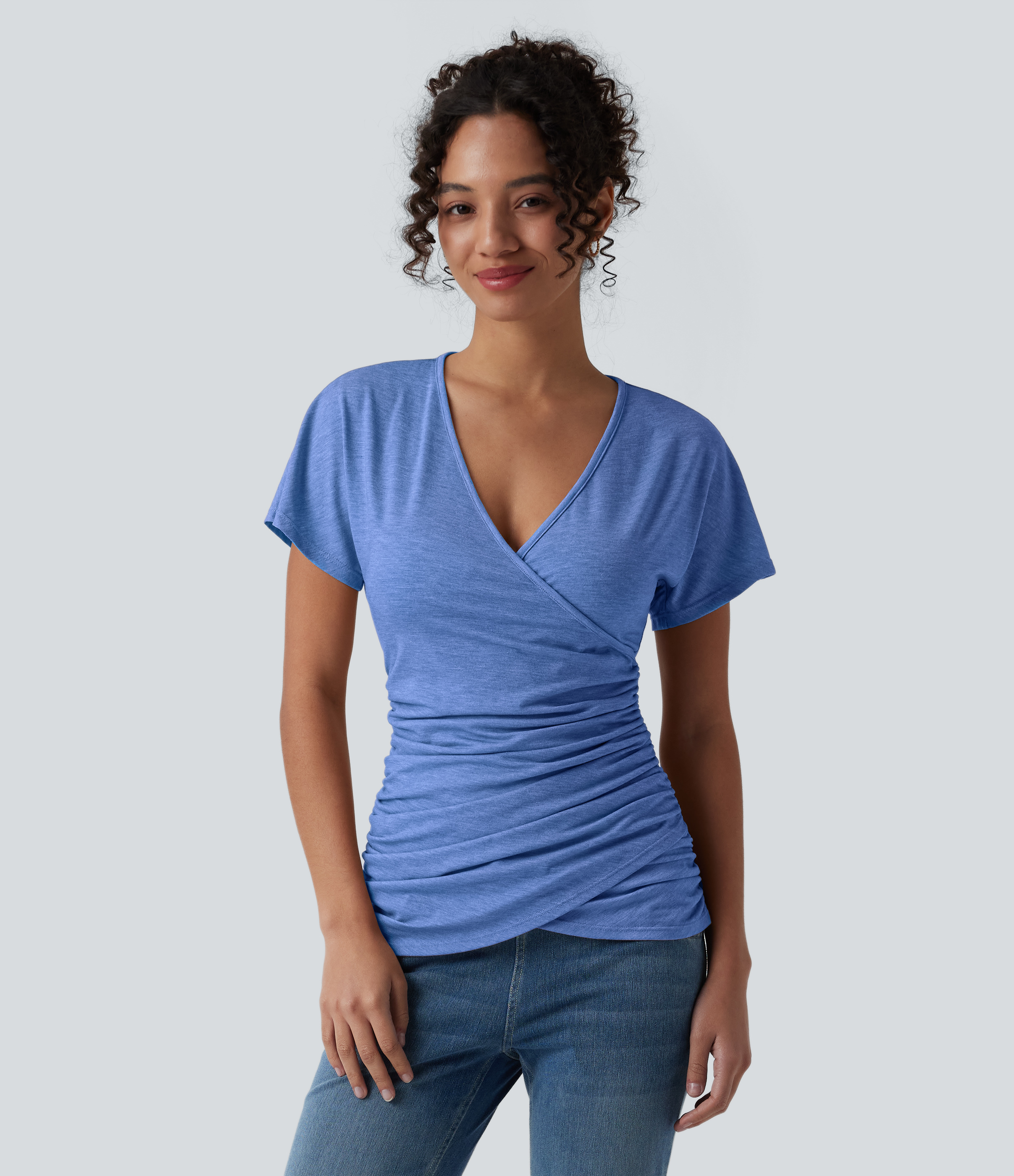 V Neck Short Sleeve Ruched Casual Top