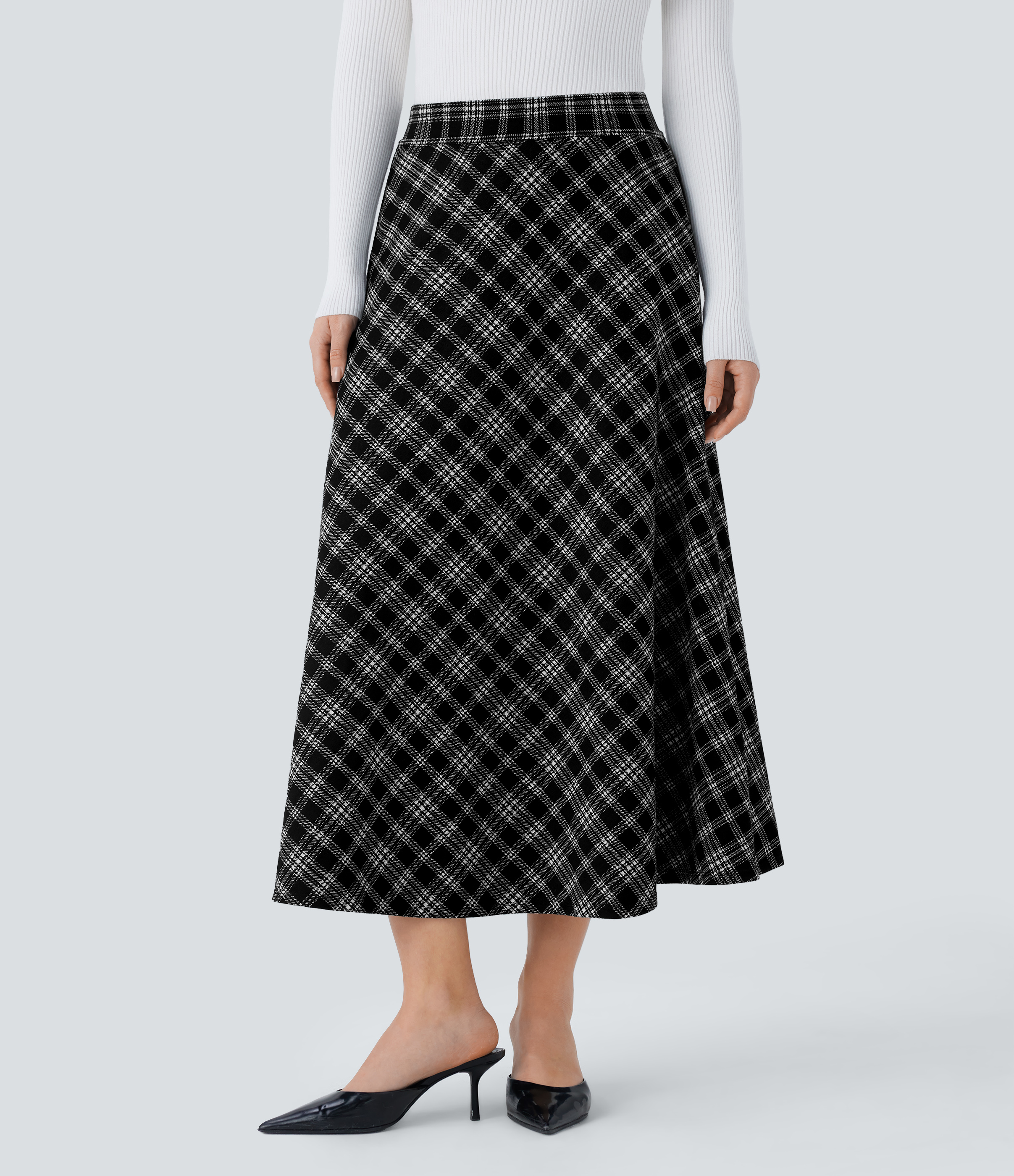 Black Tartan Plaid Jupe midi évasée à carreaux pied-de-poule taille haute avec poches latérales / 1