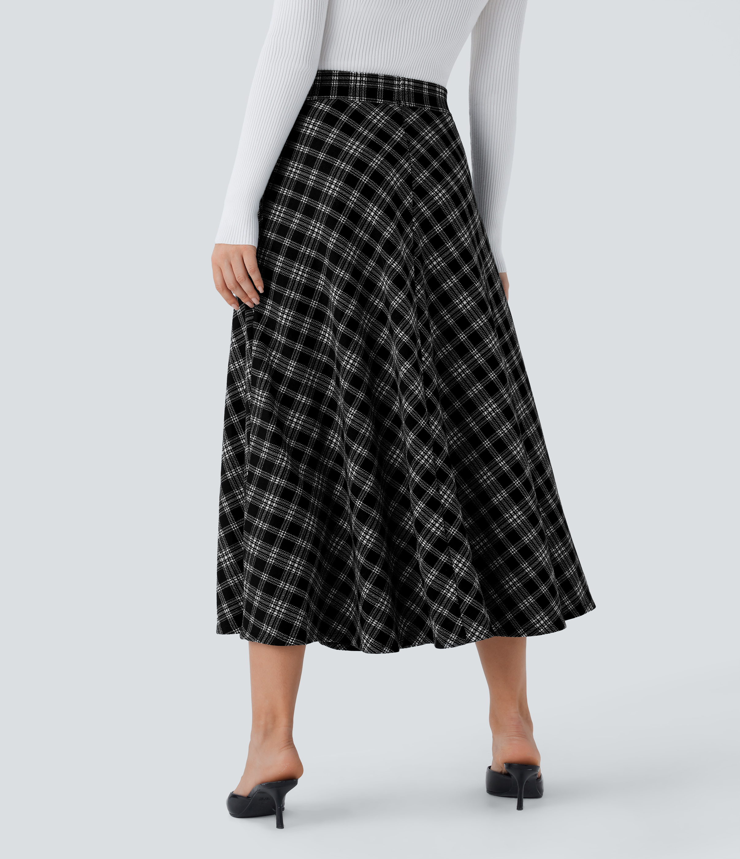 Black Tartan Plaid Jupe midi évasée à carreaux pied-de-poule taille haute avec poches latérales / 2