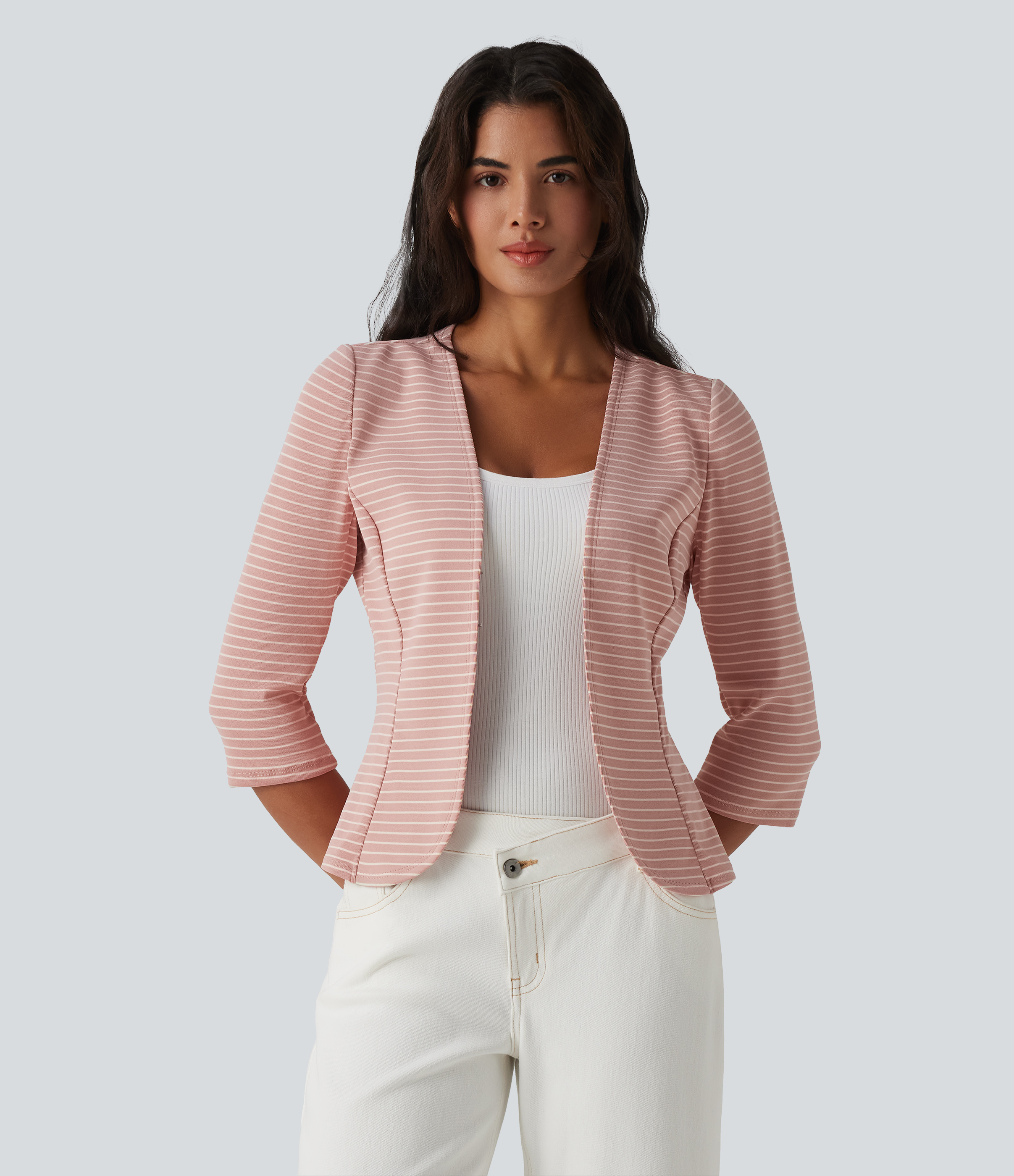 Ribbed Knit V Neck Open Front 3/4 Sleeve Stripe Casual Blazer