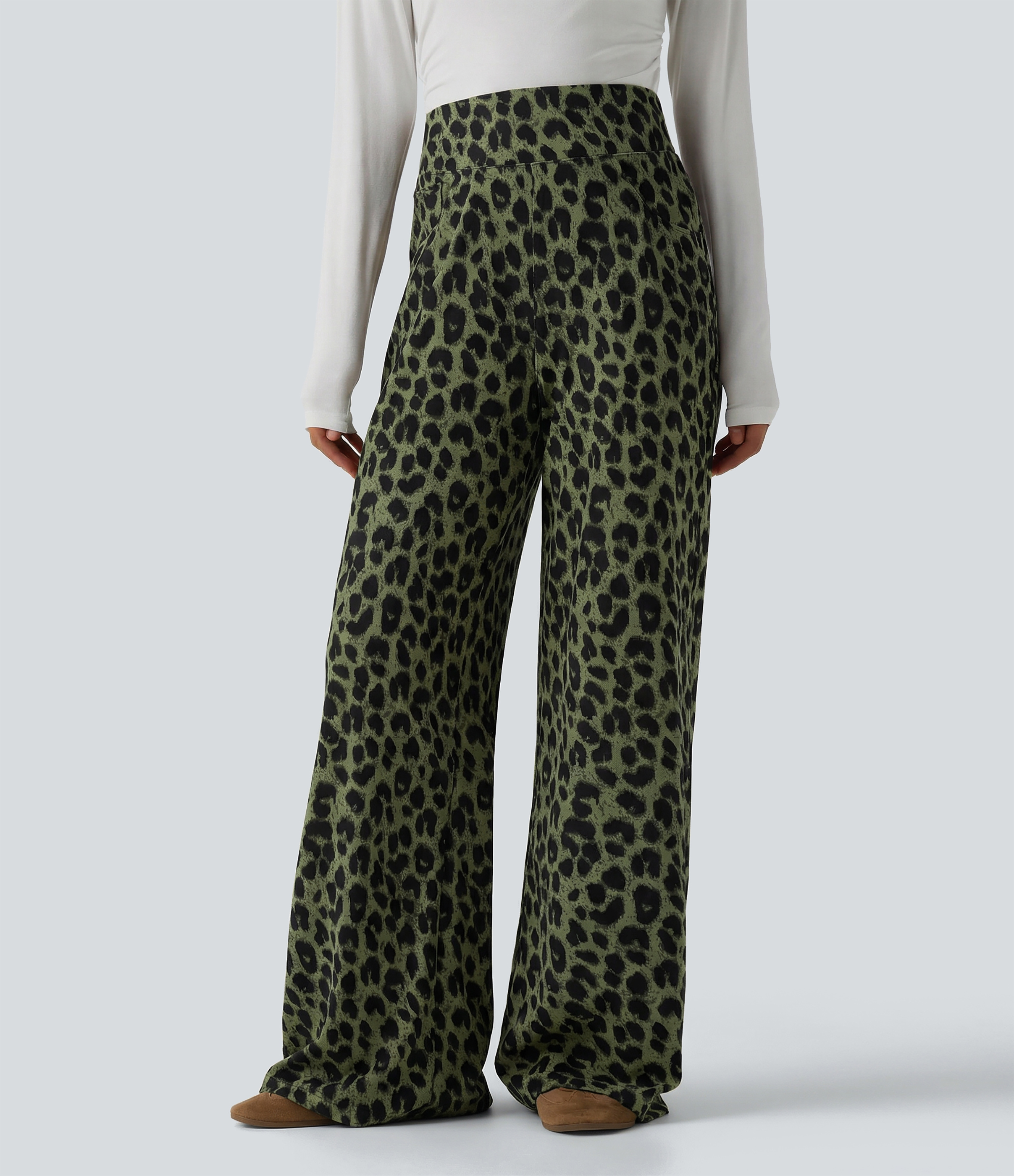 Olive Noir Pantalon large décontracté taille haute gaufré imprimé léopard avec poches / 1