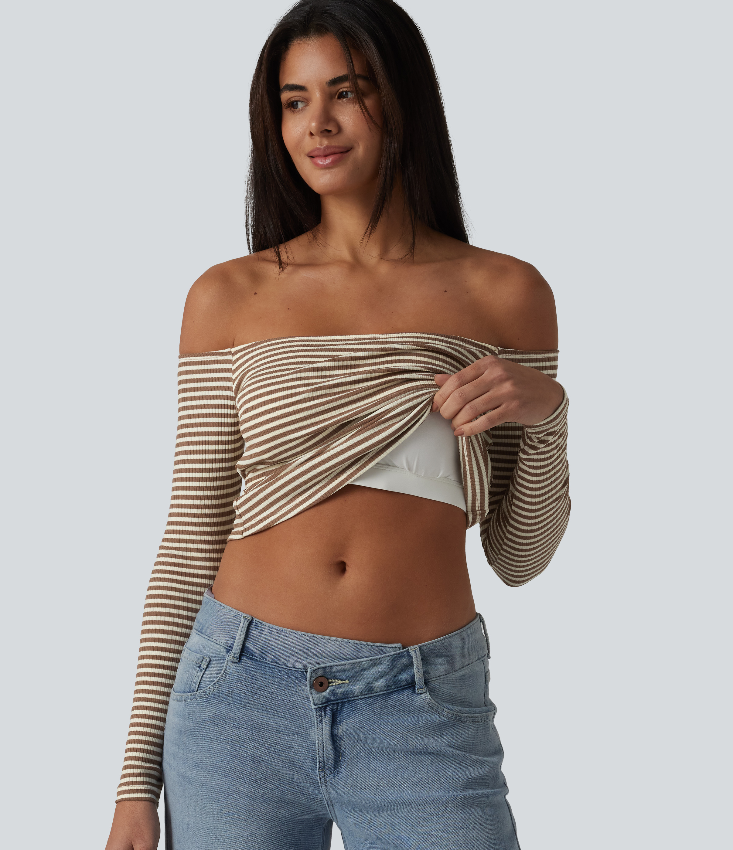 Wood Stripe Geripptes, schulterfreies Langarm-Casual-T-Shirt mit integriertem BH und Streifen / 1