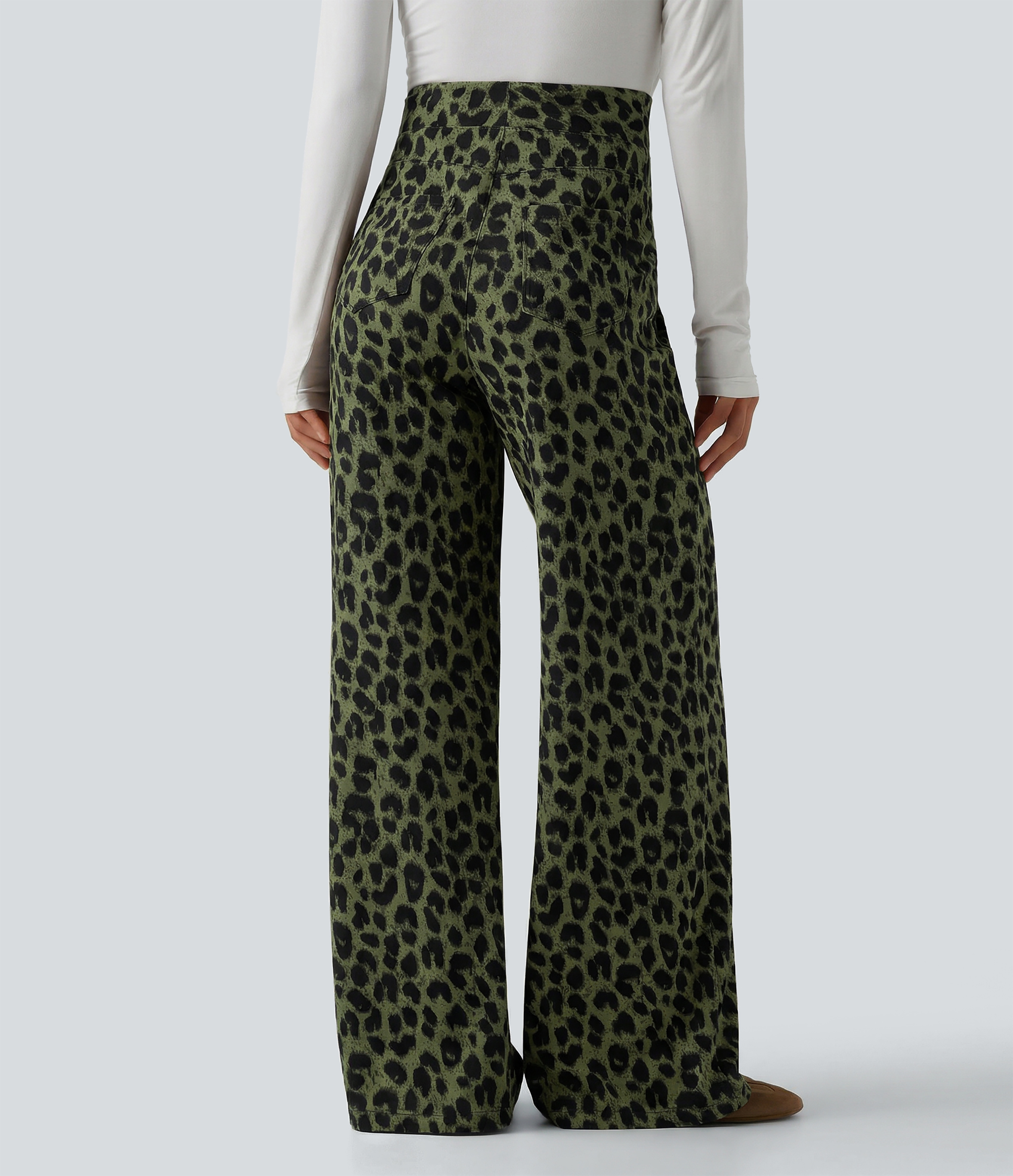 Olive Noir Pantalon large décontracté taille haute gaufré imprimé léopard avec poches / 2