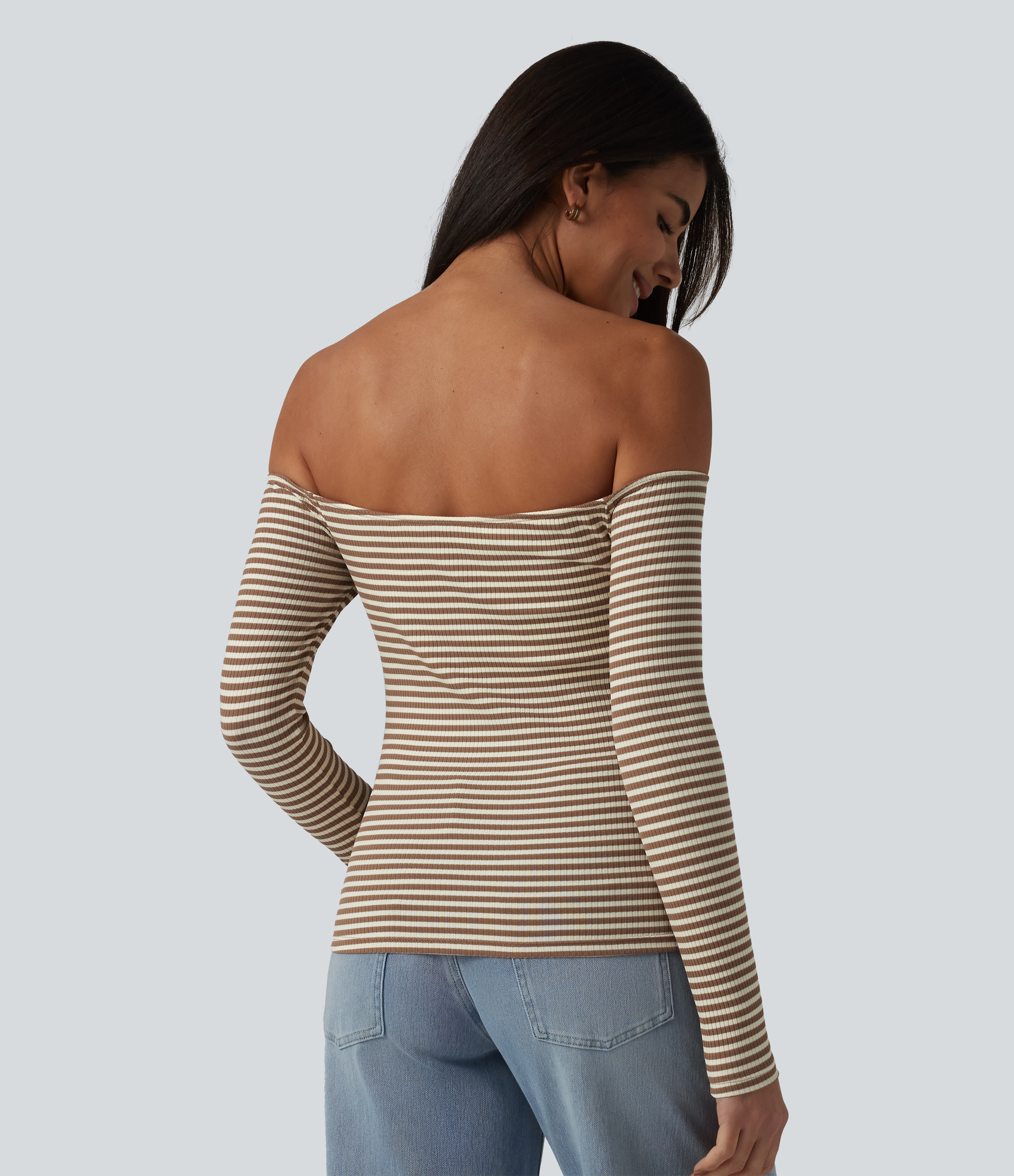 Wood Stripe Geripptes, schulterfreies Langarm-Casual-T-Shirt mit integriertem BH und Streifen / 2