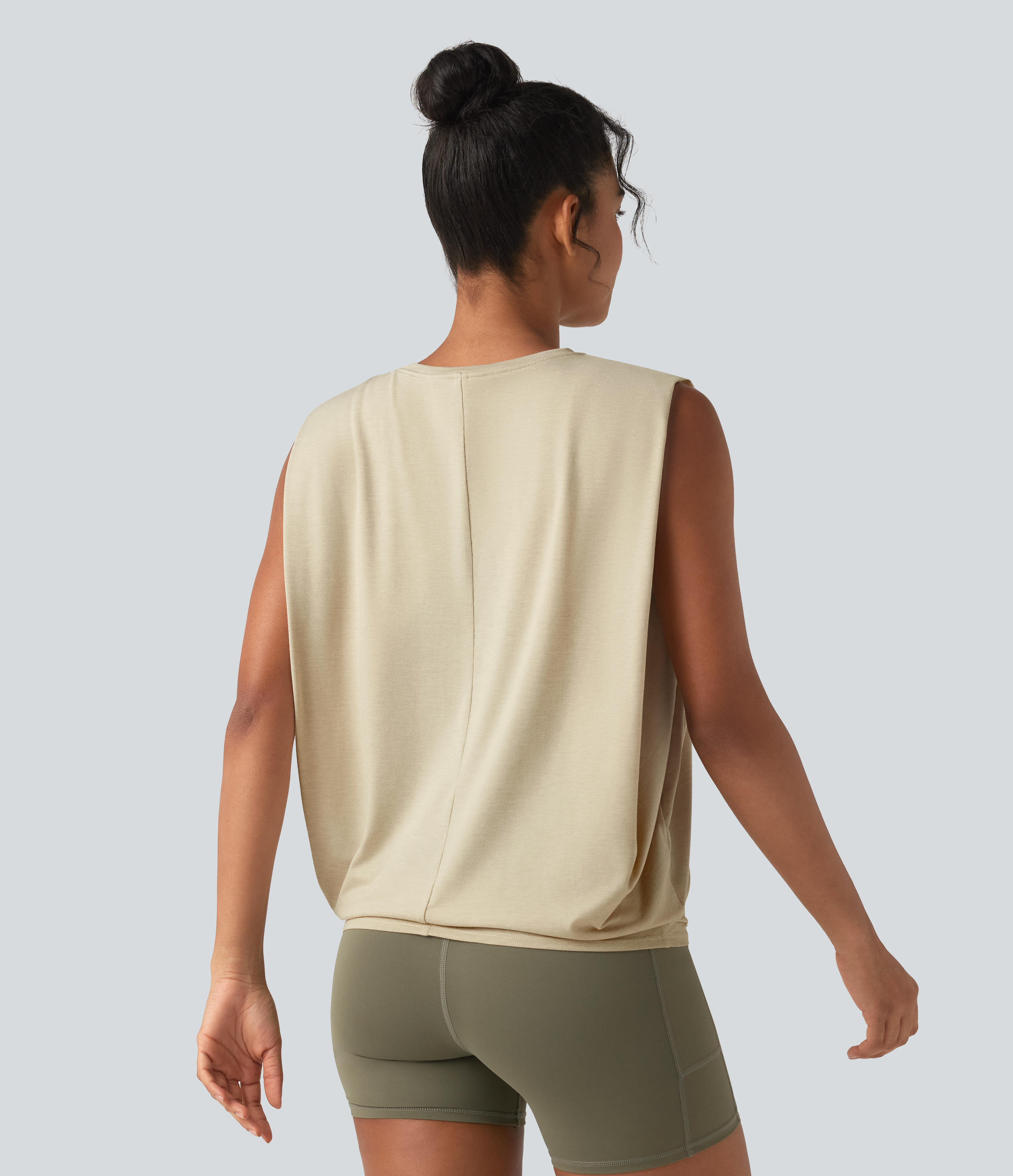 Soft Rice White Round Neck Ruched Heathered Yoga Tank Top / 2
