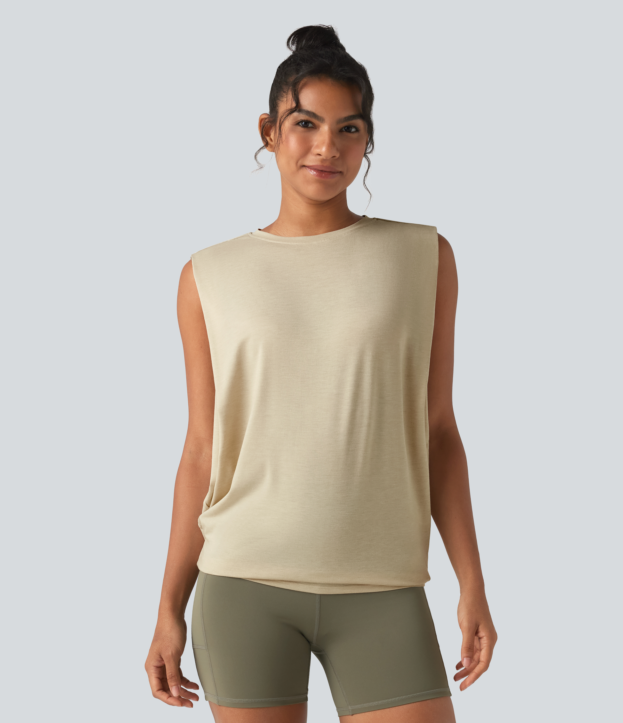 Round Neck Ruched Heathered Yoga Tank Top