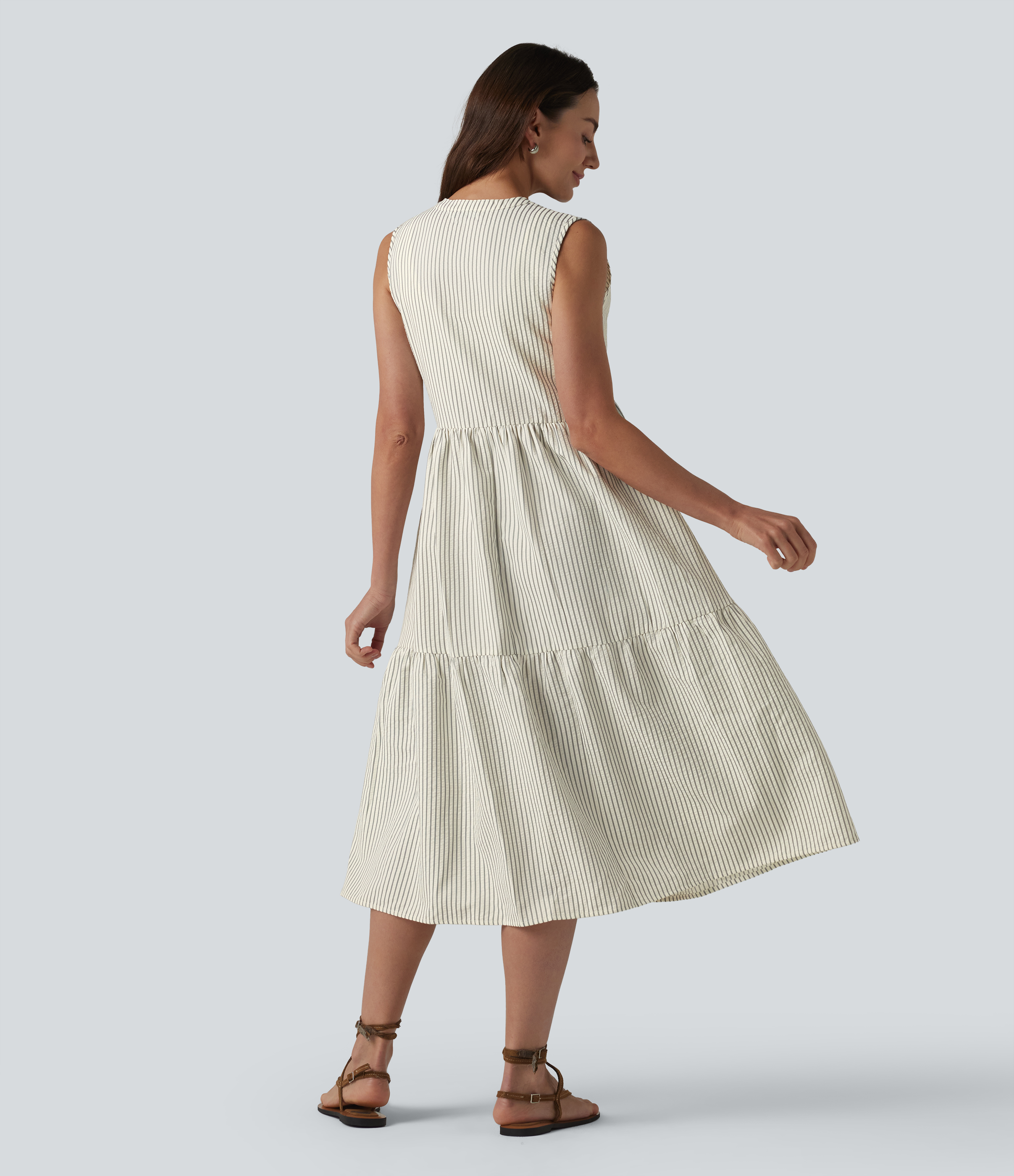Foggy Stripe V Neck Built-in Bra Sleeveless Stripe Midi Dress / 2