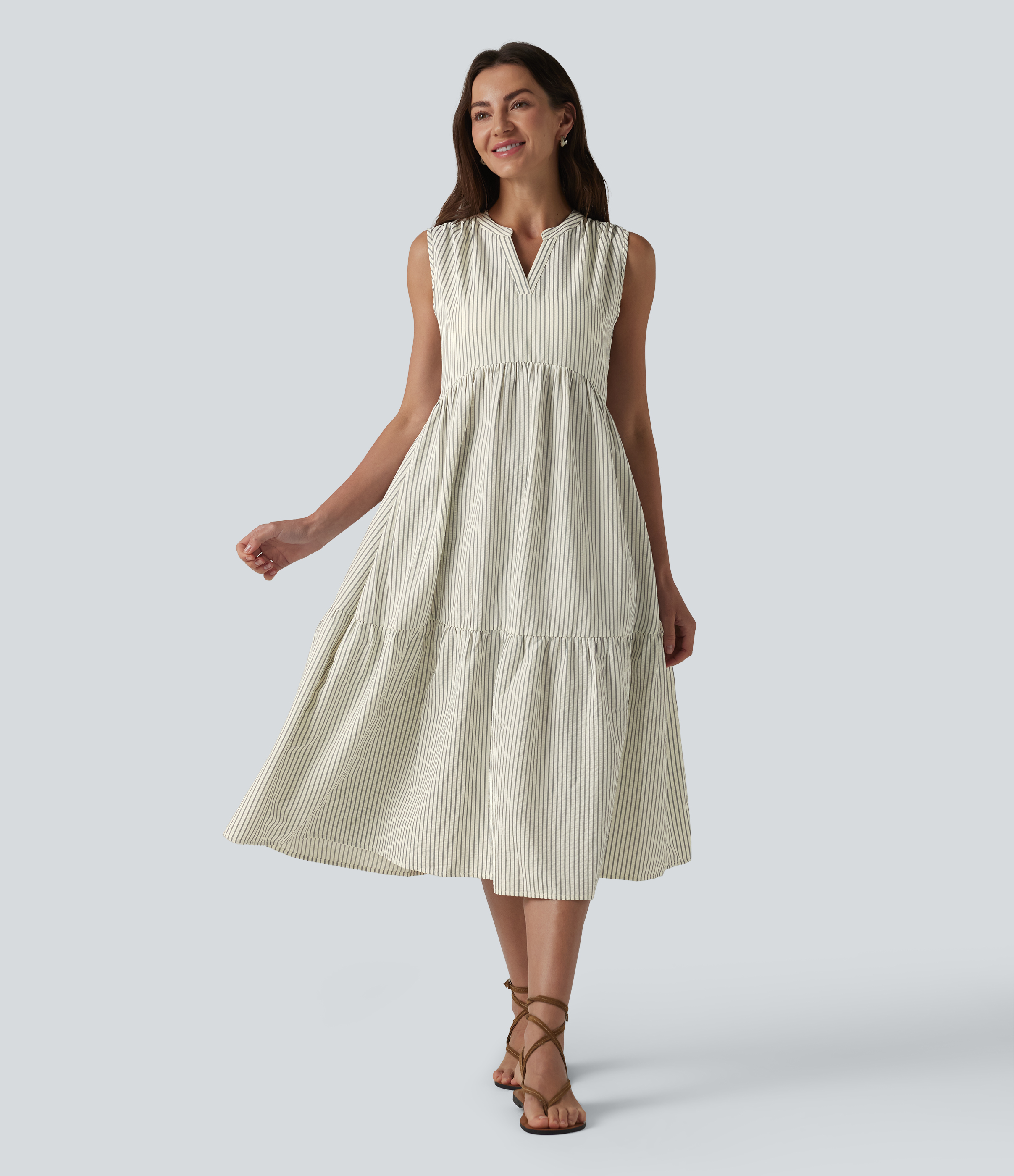 V Neck Built-in Bra Sleeveless Stripe Midi Dress