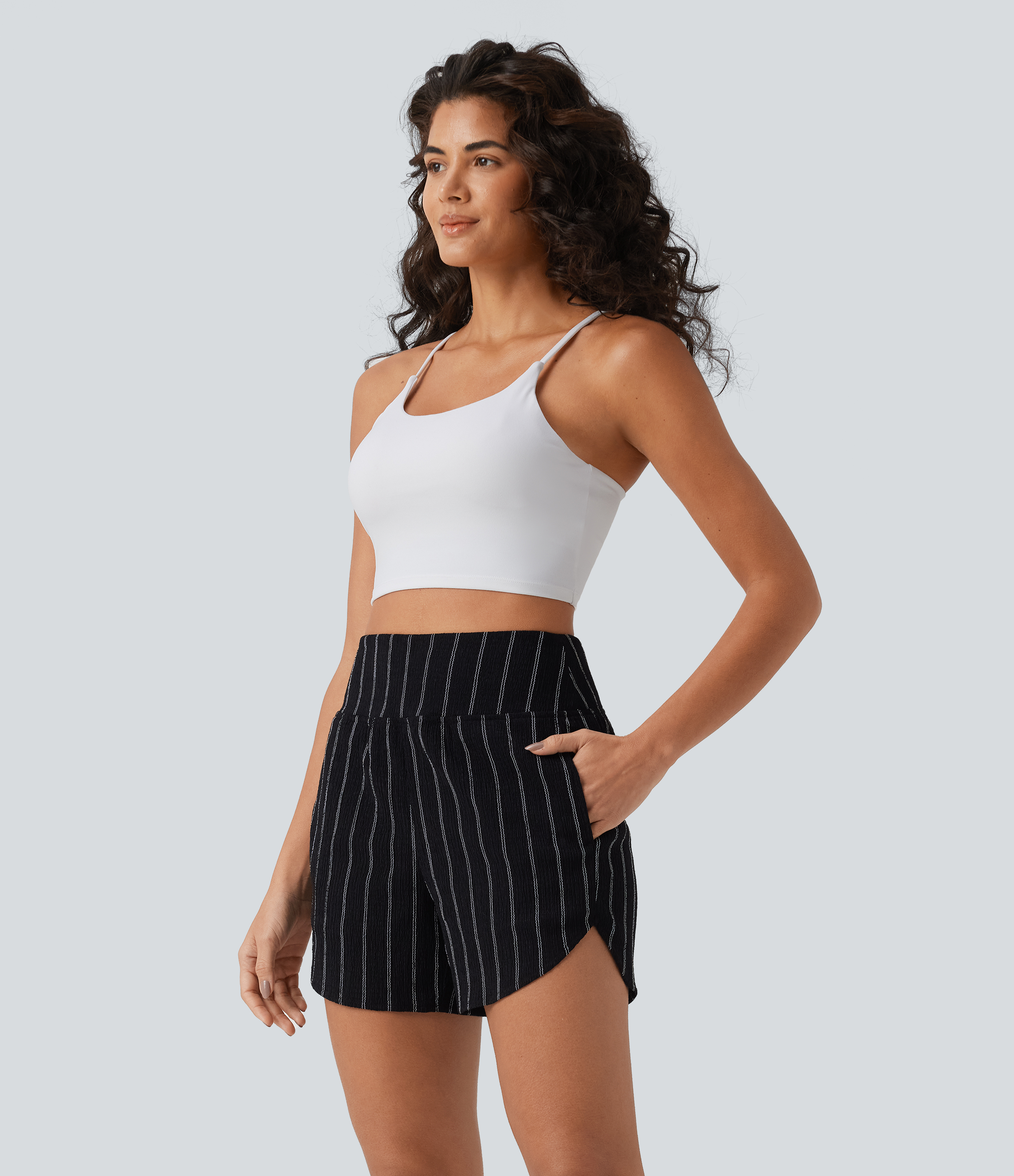 High Waisted Curved Hem Stripe Casual Shorts with Pockets