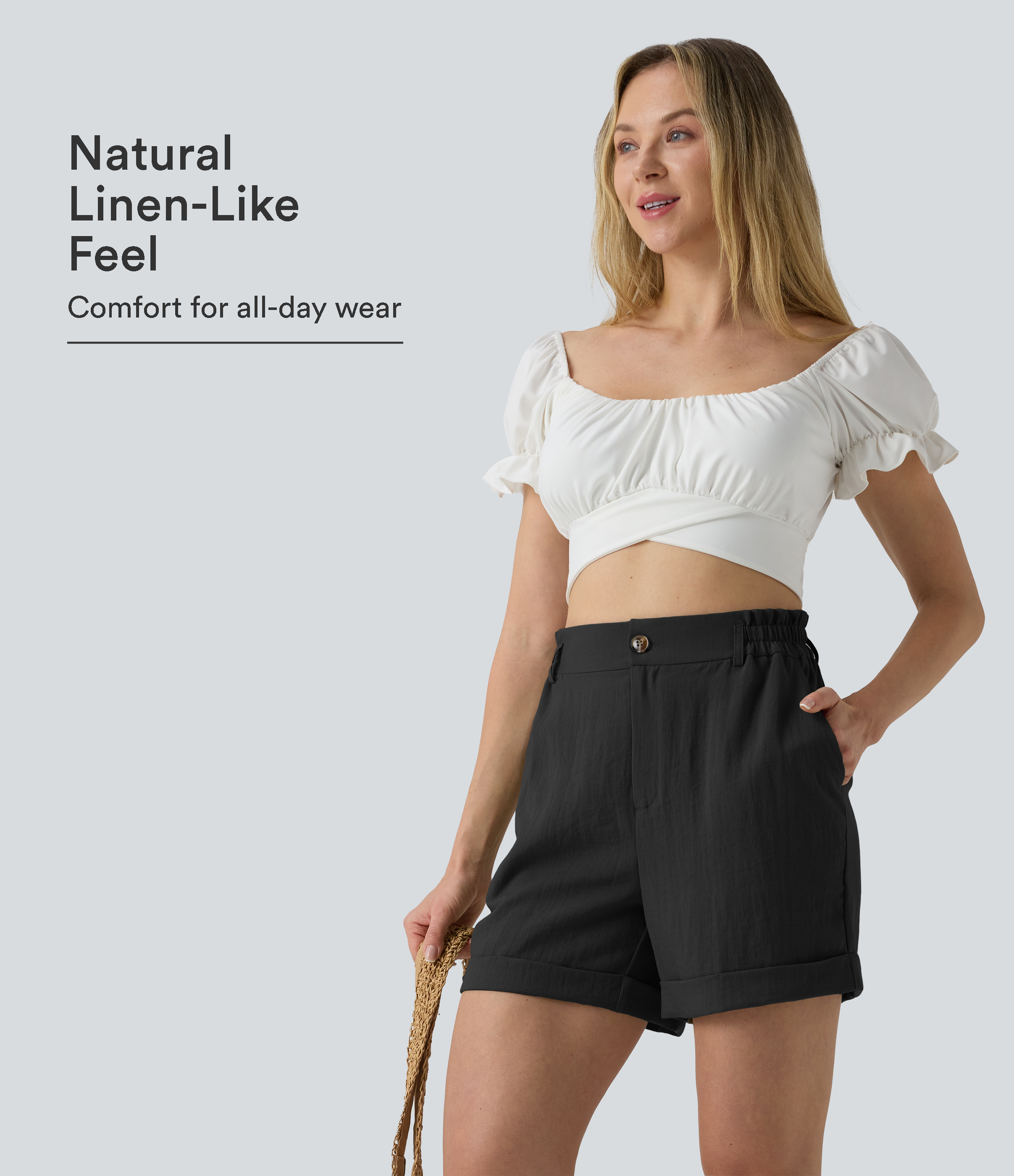 High Waisted Rolled Hem Linen-Feel Resort Shorts 5'' with Pockets
