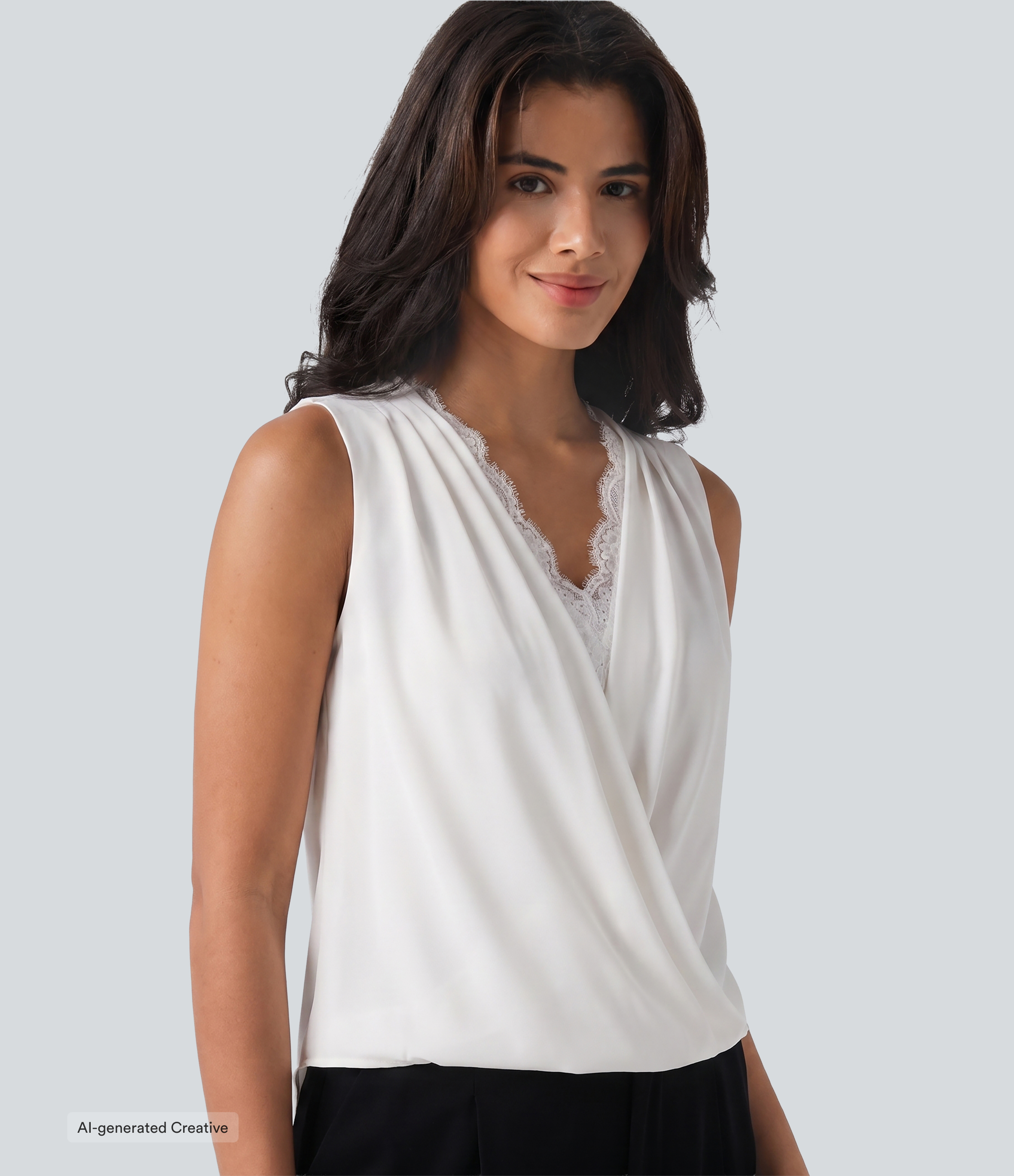 Wrinkle-Resistant V Neck Contrast Lace Ruched Sleeveless Work Blouse