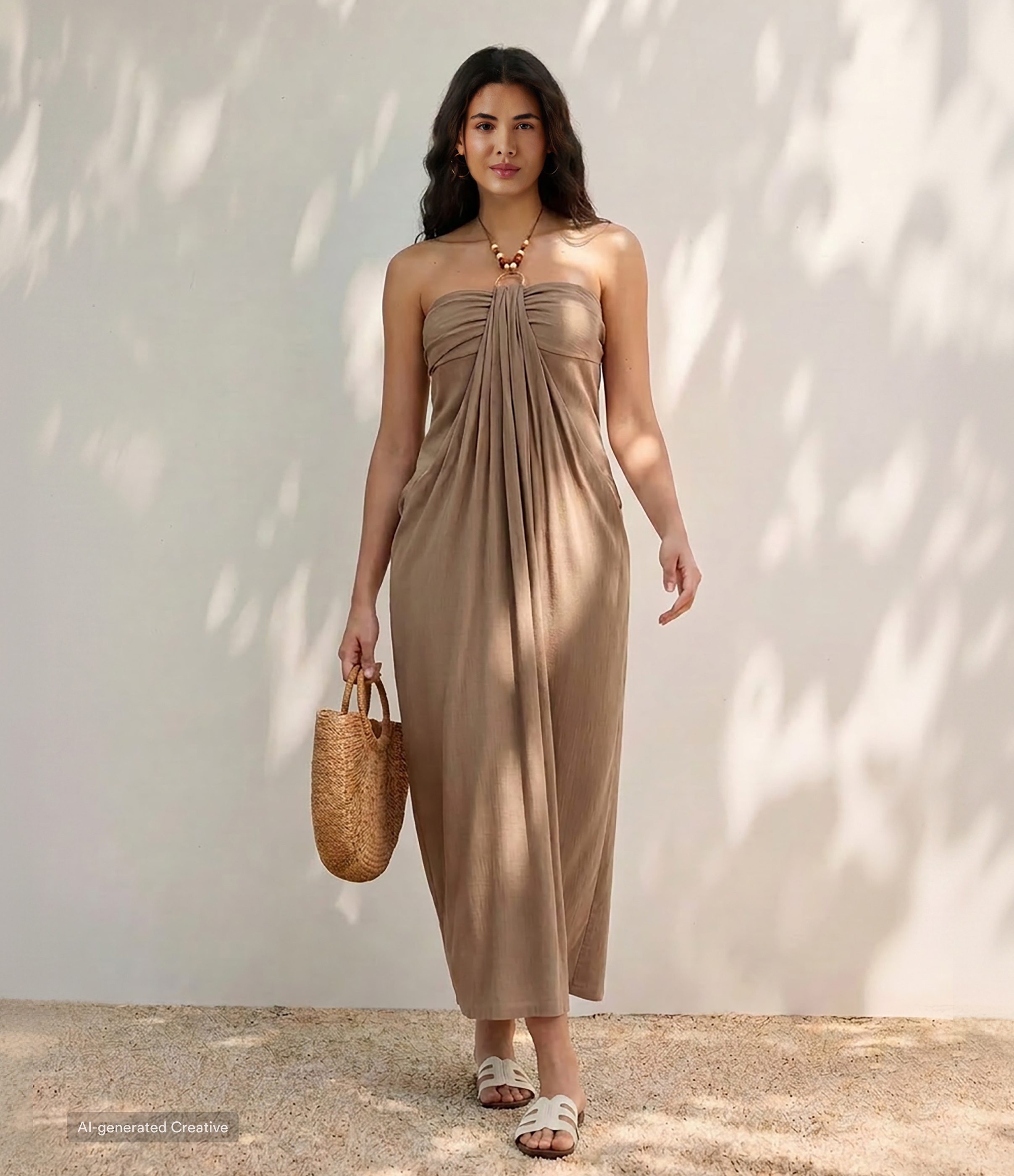 Halter zum Binden am Rücken, mit integriertem BH, Maxi-Resort-Kleid in Leinenoptik mit Taschen