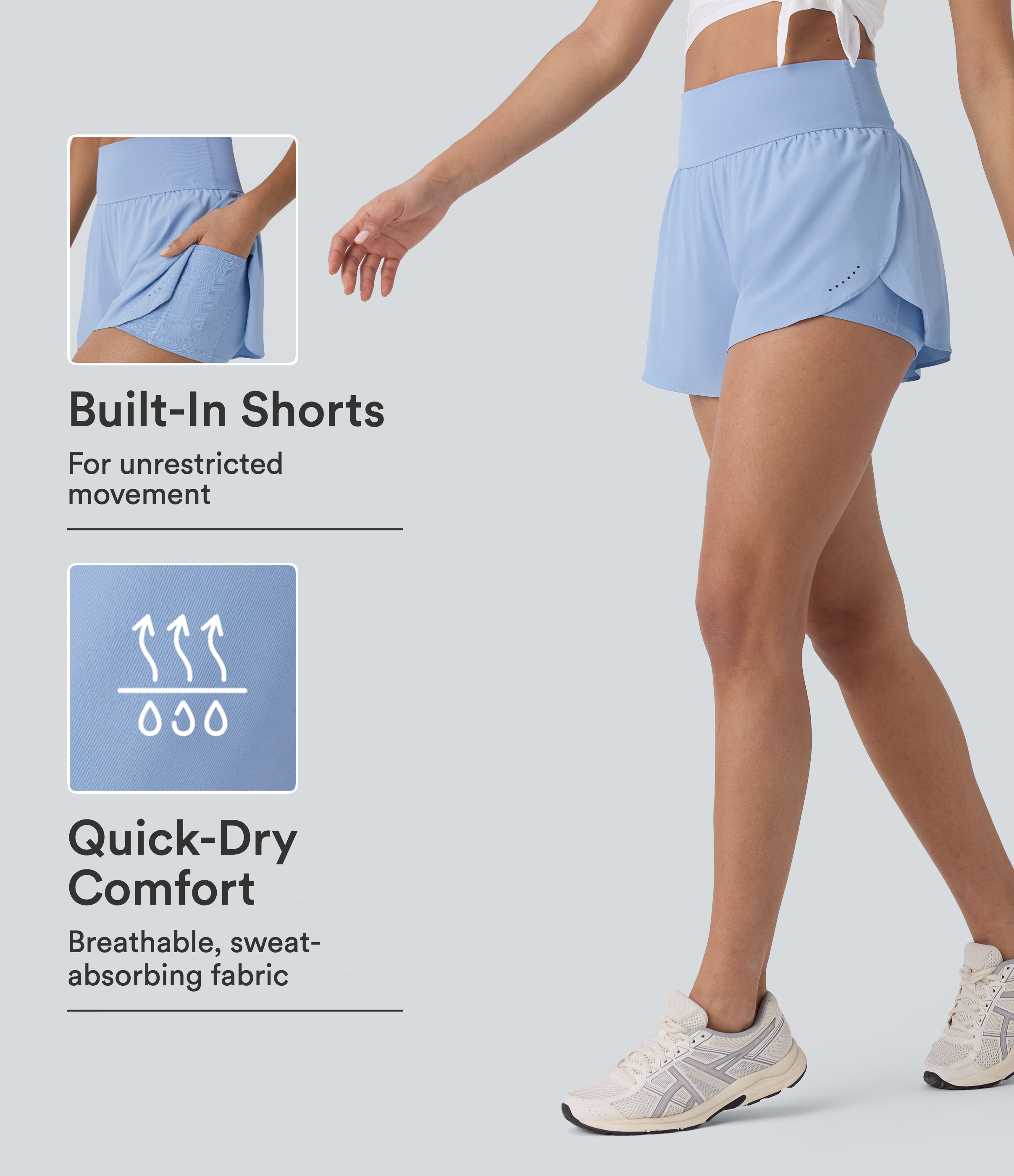 SoftlyZero™ QuickDry High Waisted Tummy Control Reflective Dots Crossover Hem 2-in-1 Running Shorts 3'' with Pockets