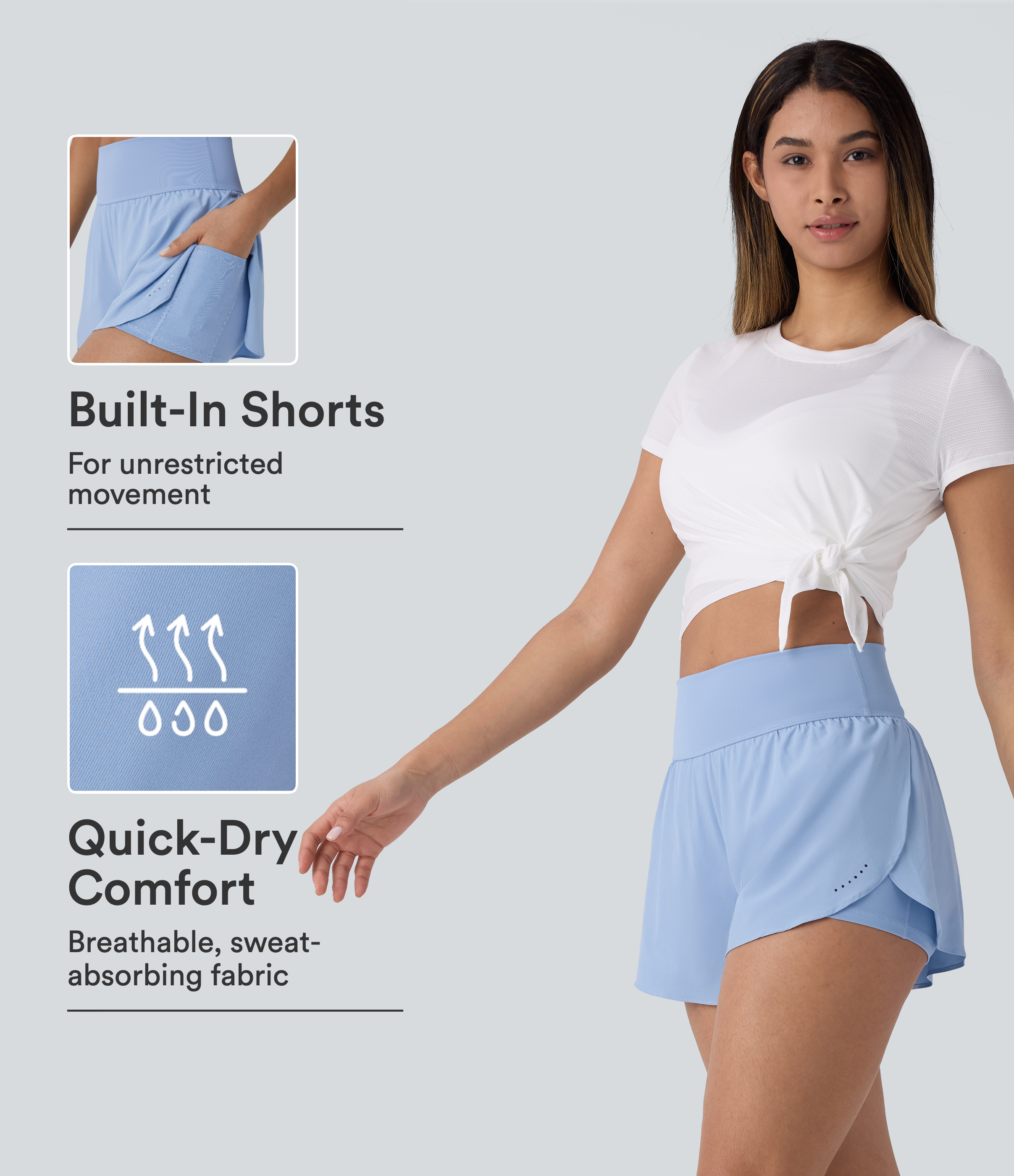 SoftlyZero™ QuickDry High Waisted Tummy Control Reflective Dots Crossover Hem 2-in-1 Running Shorts 3'' with Pockets