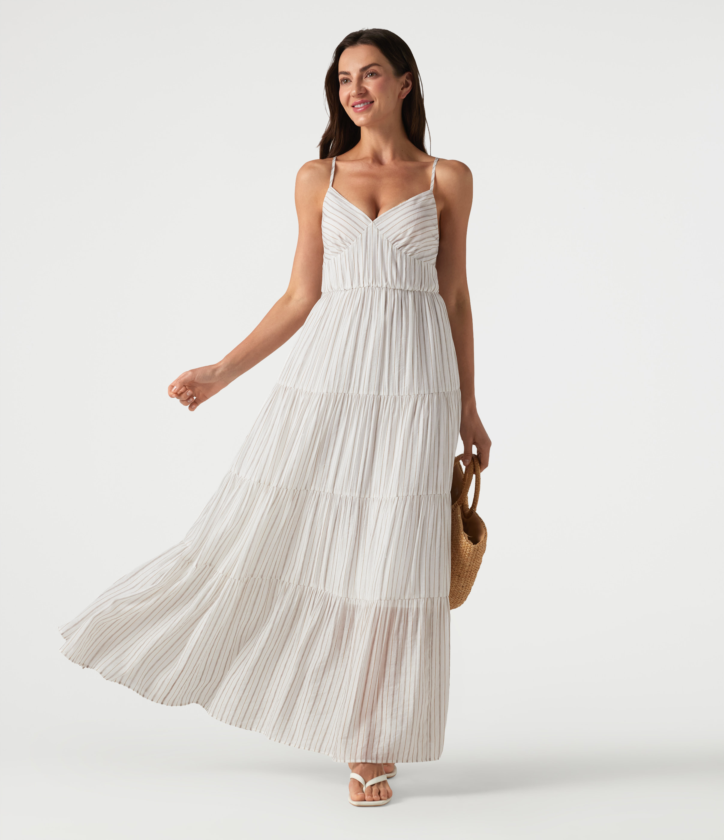 Honey Oat Stripe V Neck Lace Up Stripe Flowy Maxi Dress / 2