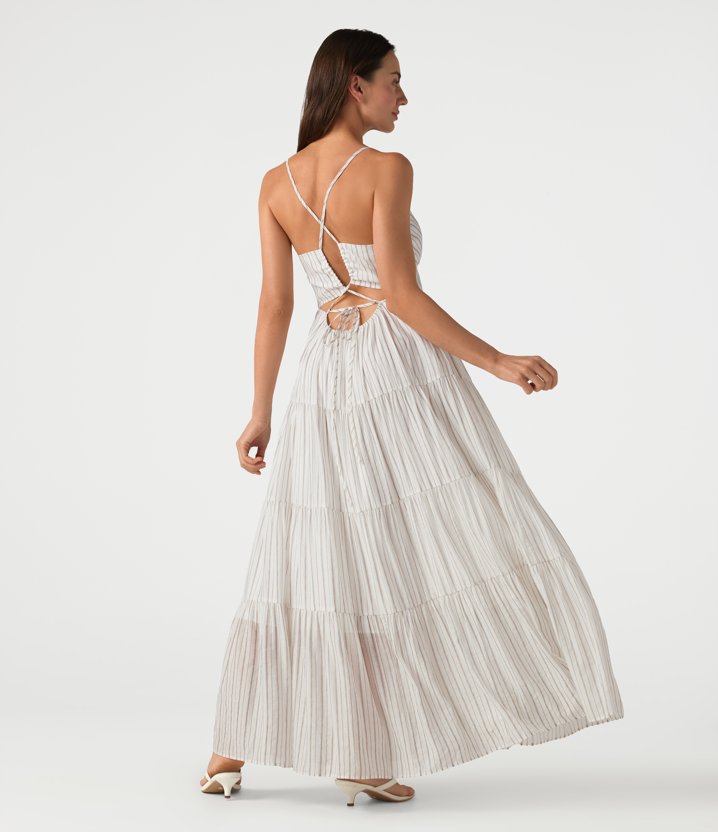 Honey Oat Stripe V Neck Lace Up Stripe Flowy Maxi Dress / 1