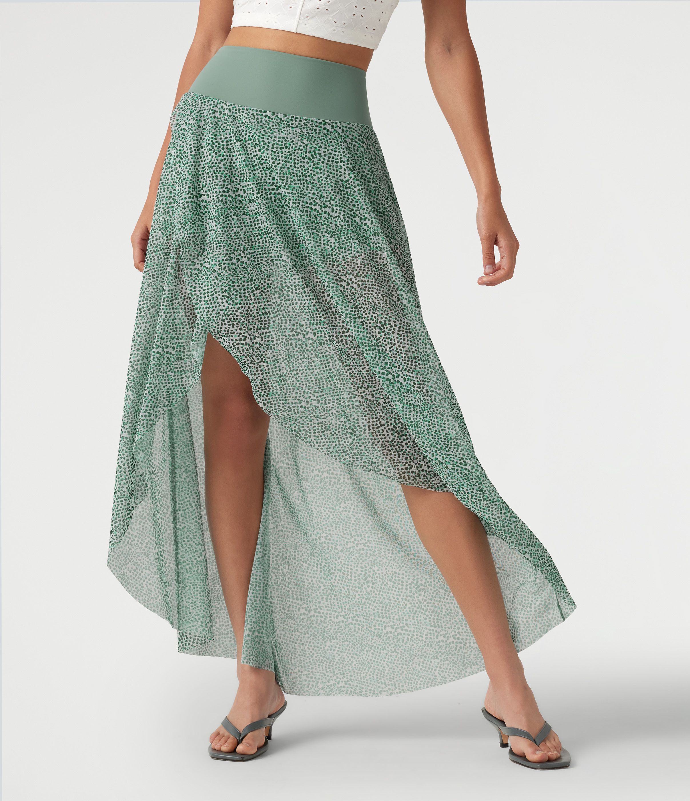 Moss Pebble Dot Jupe longue en mesh imprimé léopard taille haute asymétrique à volants 2 en 1 / 2